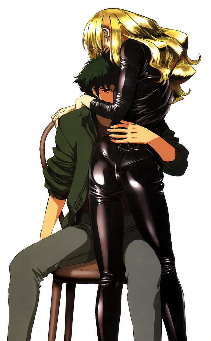 Cowboy Bebop Julia 桌布 壁紙 — 一位金髮女性穿著閃亮的黑色緊身衣，從背後擁抱一位坐著的綠髮男性，呈現戲劇性的動畫姿勢。
