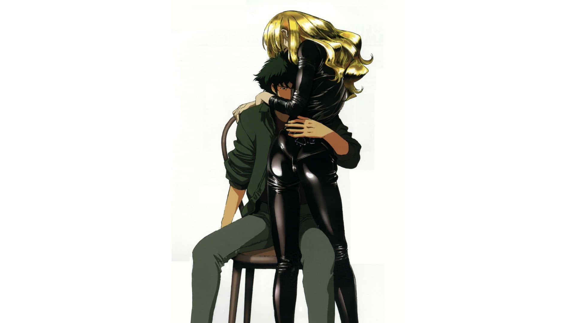 Cowboy Bebop Julia 桌布 壁紙 — 一位金髮女性穿著黑色乳膠緊身連衣褲，擁抱一位坐在白色背景前凳子上的綠髮男性。