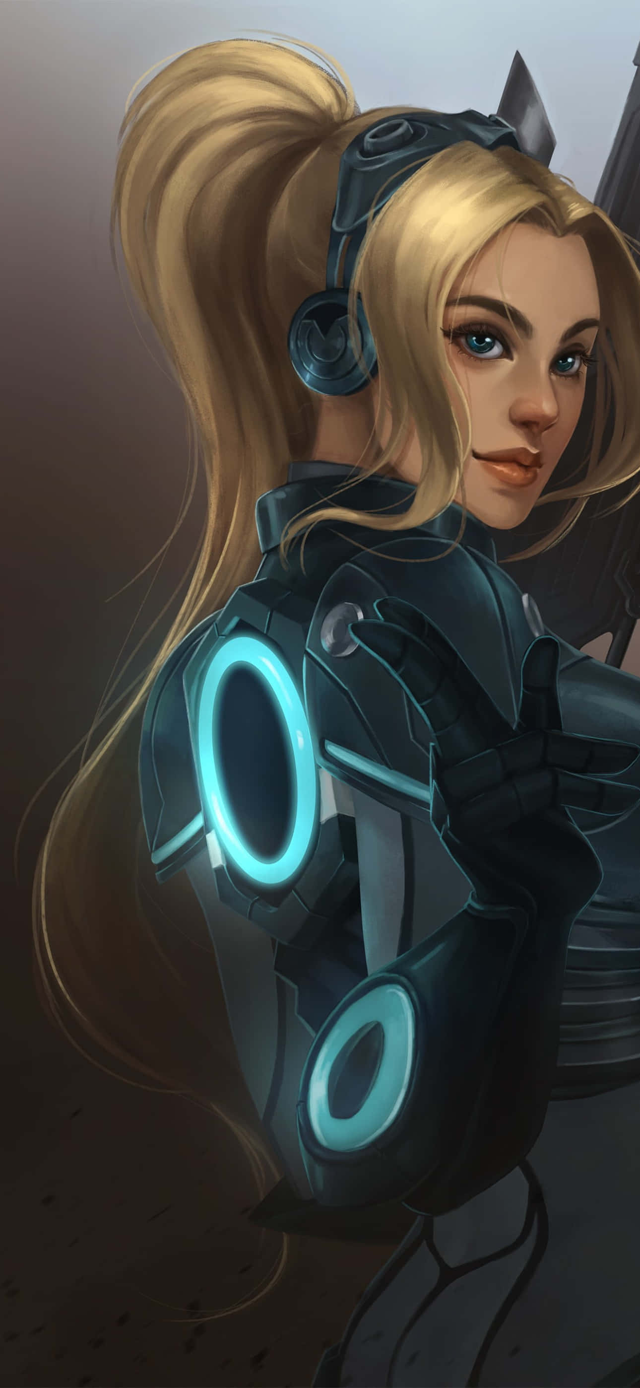Starcraft Characters 桌布 壁紙 — 一位金髮女性身穿帶有發光藍色裝飾的未來風格盔甲，自信地轉頭回望肩膀。