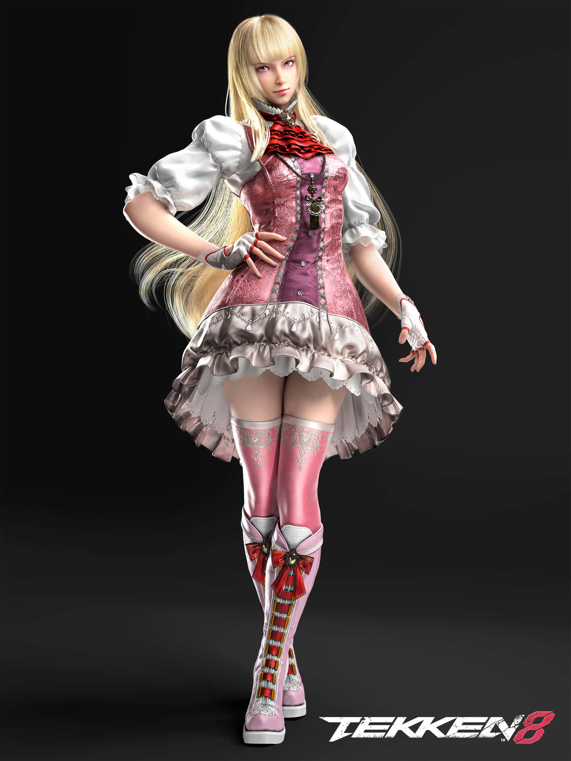 Tekken Characters 桌布 壁紙 — 一位金髮女戰士穿著粉白相間的荷葉邊服裝，自信地站在帶有 Tekken 8 標誌的深色背景前。