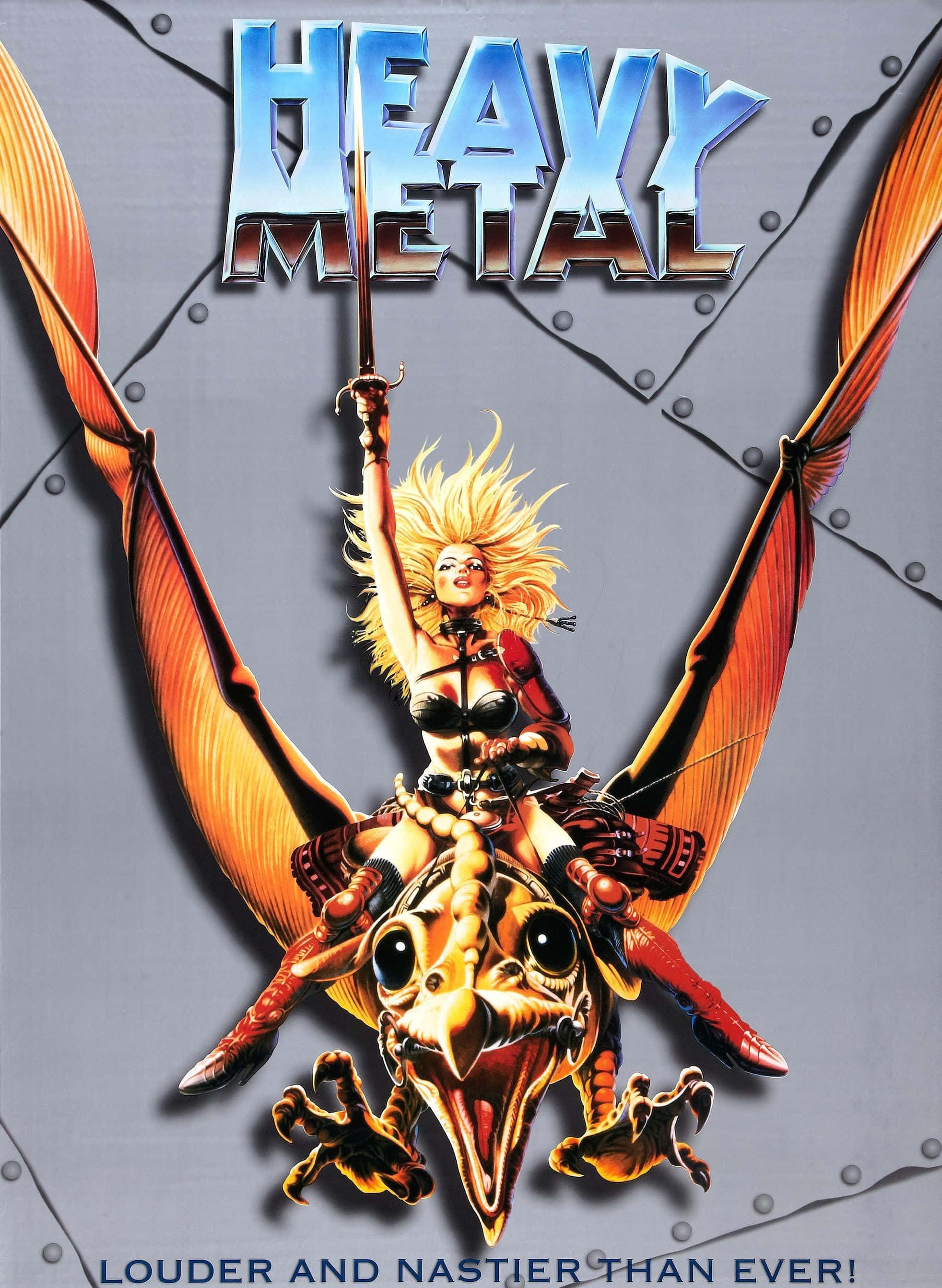 Heavy Metal 桌布 壁紙 — 一位金髮女戰士身穿紅色盔甲，騎著一隻兇猛的橙色翅膀生物，背景是金屬鉚接的。