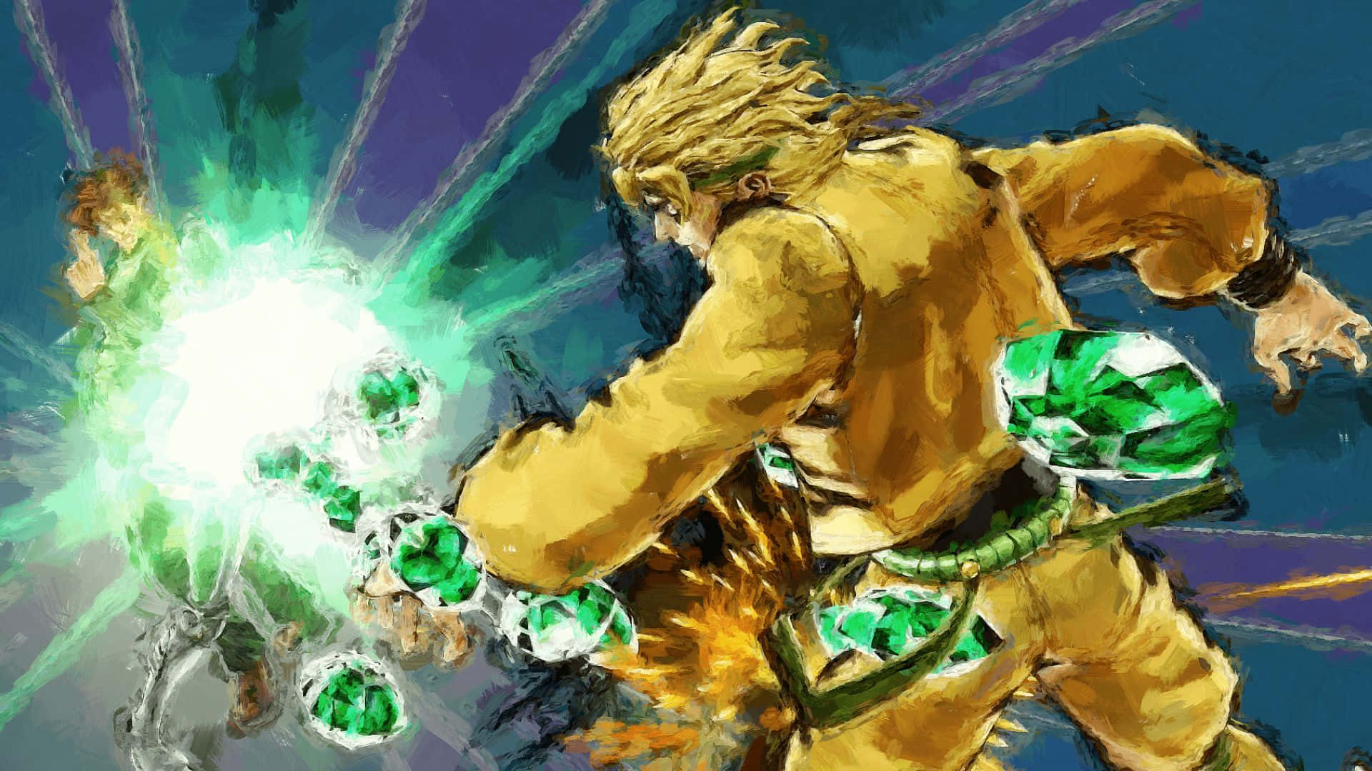 Noriaki Kakyoin 桌布 壁紙 — 一位金髮戰士在移動中，對著深藍色背景釋放出發光的綠色能量爆炸。