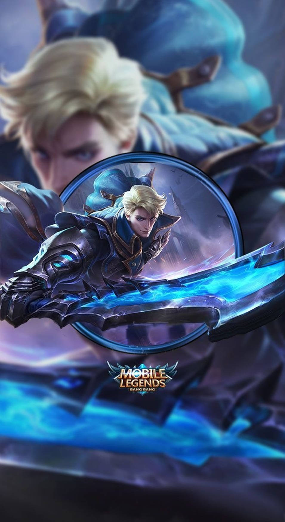 Mobile Legends 桌布 壁紙 — 一位金髮戰士身穿暗色盔甲，在圓形框架內揮舞著發光的藍色劍，背景是神秘的藍色。