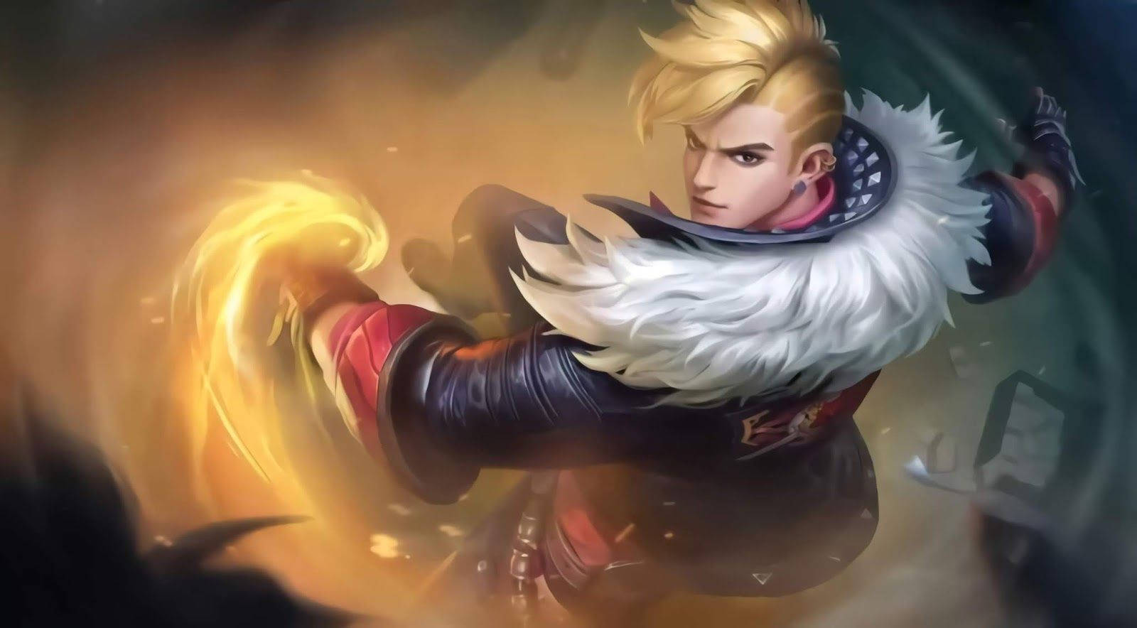Mobile Legends 桌布 壁紙 — 一位金髮戰士身穿毛皮鑲邊盔甲，在煙霧瀰漫的黑暗背景中釋放出火焰般的一拳。