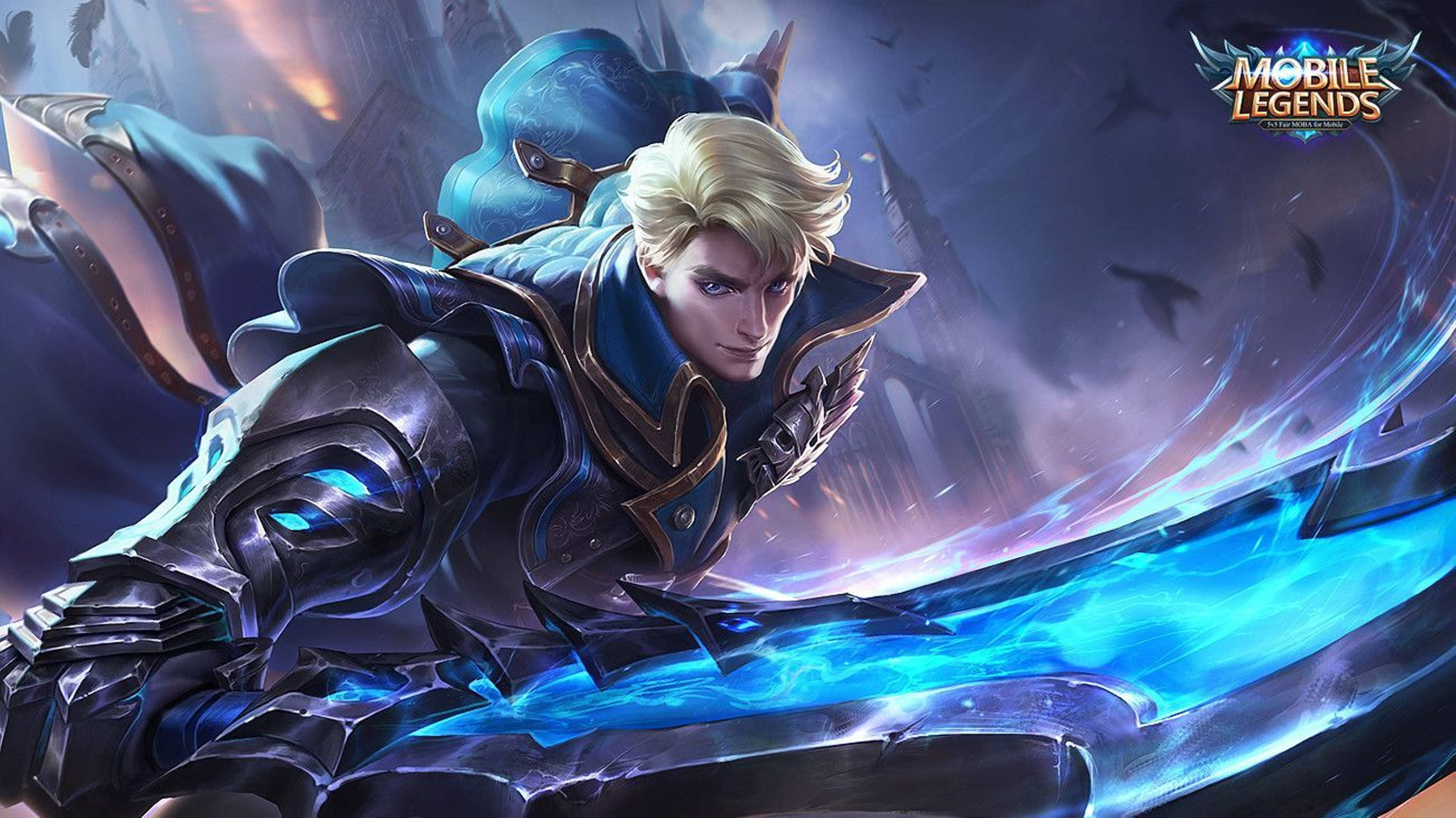 Mobile Legends 桌布 壁紙 — 一位金髮戰士身穿華麗藍色盔甲，在黑暗奇幻背景下揮舞發光劍，鳥兒飛翔。