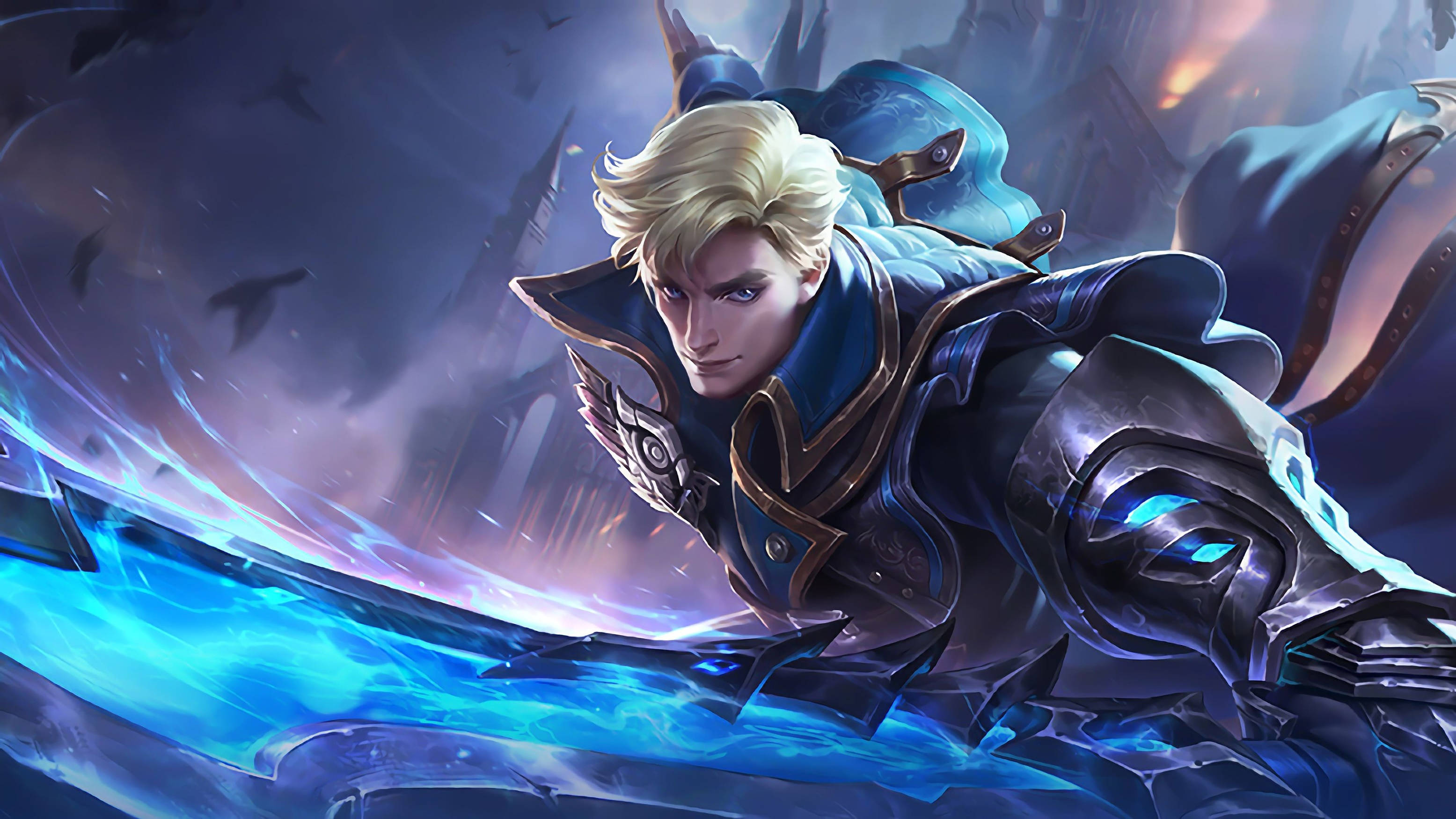 Mobile Legends 桌布 壁紙 — 一位金髮戰士身穿藍色盔甲，在暴風雨的天空中揮舞著發光的劍，鳥兒飛翔。