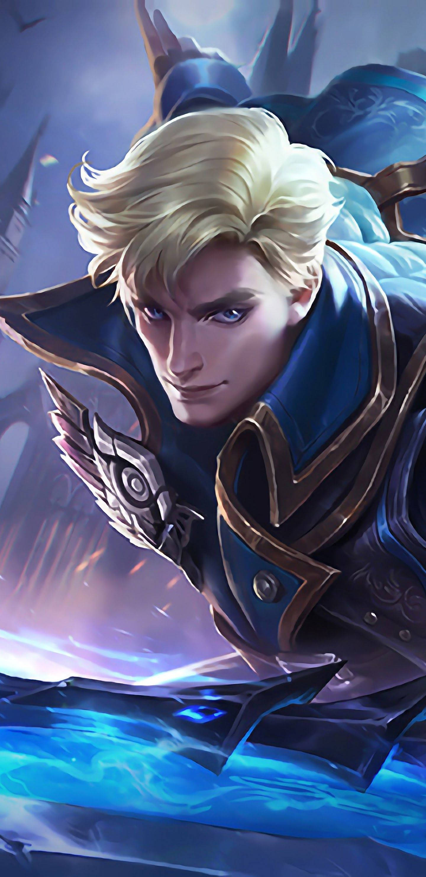 Mobile Legends 桌布 壁紙 — 一位金髮戰士身穿藍金鎧甲，在旋轉的藍色能量上方，閃爍著光芒的眼睛直視前方。