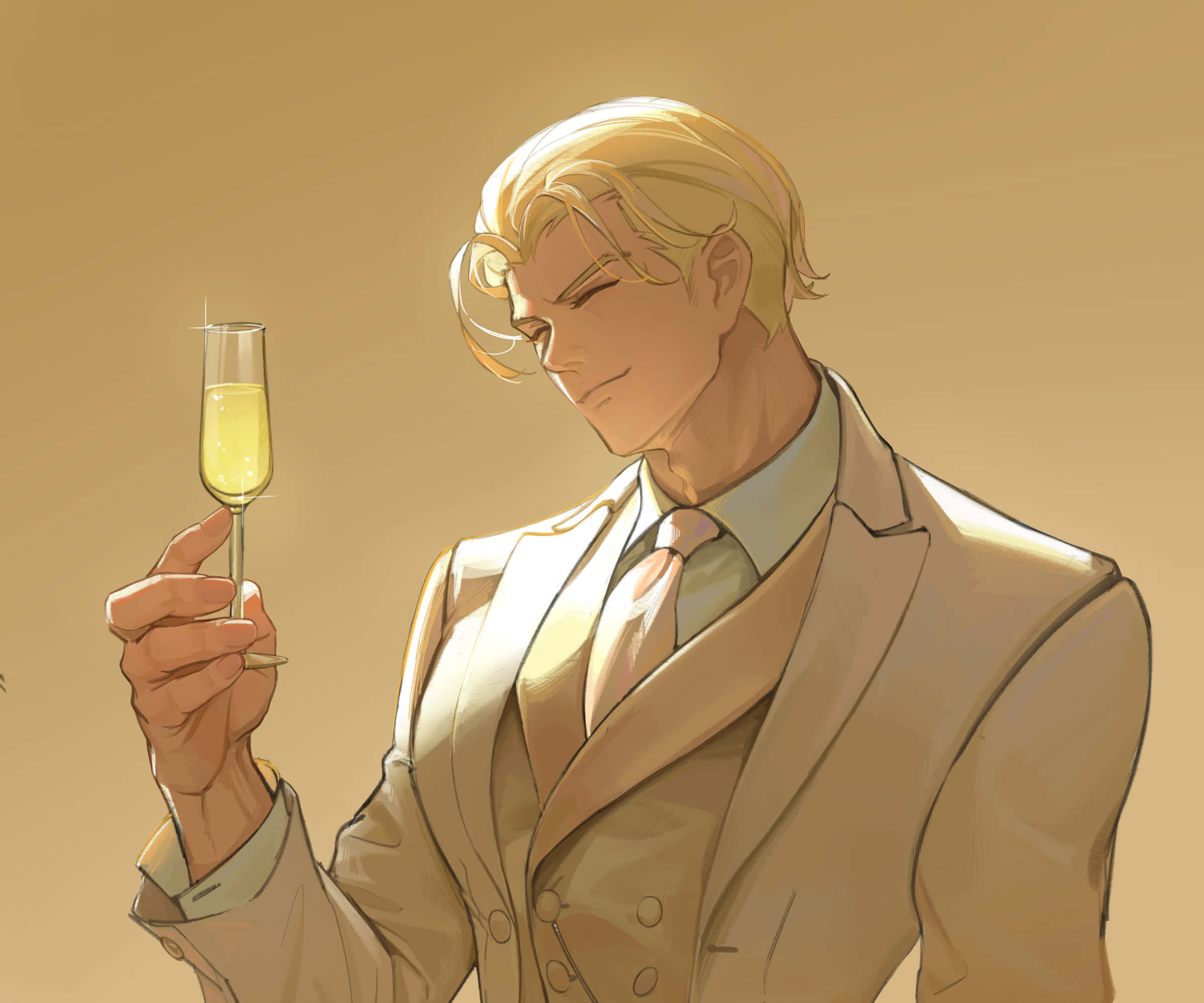 Promare 桌布 壁紙 — 一位金髮男子身穿米色西裝，手持香檳杯，在柔和的米色背景下散發溫暖的金色光芒。