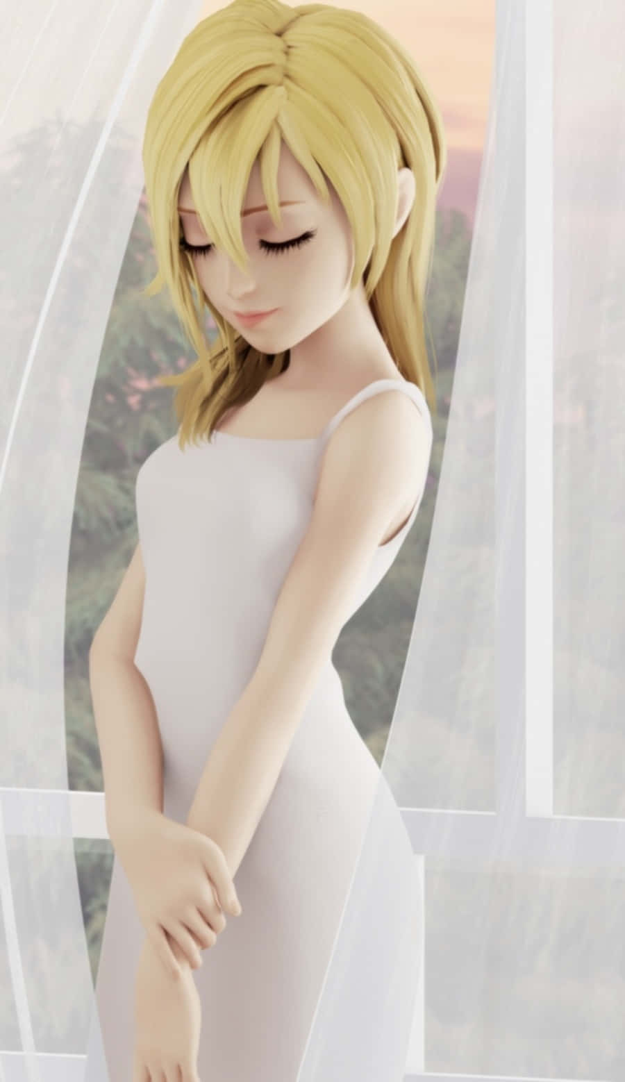 Kingdom Hearts Namine 桌布 壁紙 — 一位金髮白衣的寧靜動漫女孩站在薄紗窗簾的窗邊，柔和的夕陽灑在她身上。