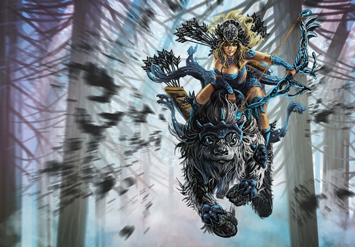 Mirana 桌布 壁紙 — 一位金髮的兇猛女戰士騎著咆哮的獅子高速穿過模糊的森林。