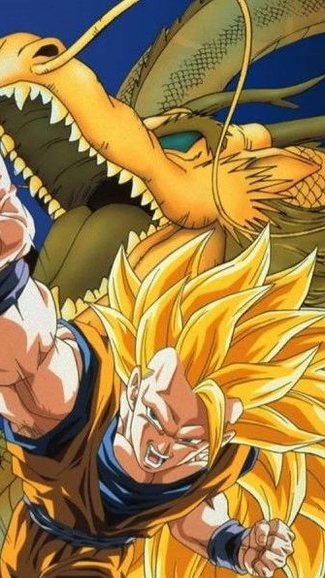 Ssj3 桌布 壁紙 — 一位金髮的凶猛戰士穿著橙色道服，在深藍色的天空下與一隻擁有尖銳牙齒的巨大龍戰鬥。
