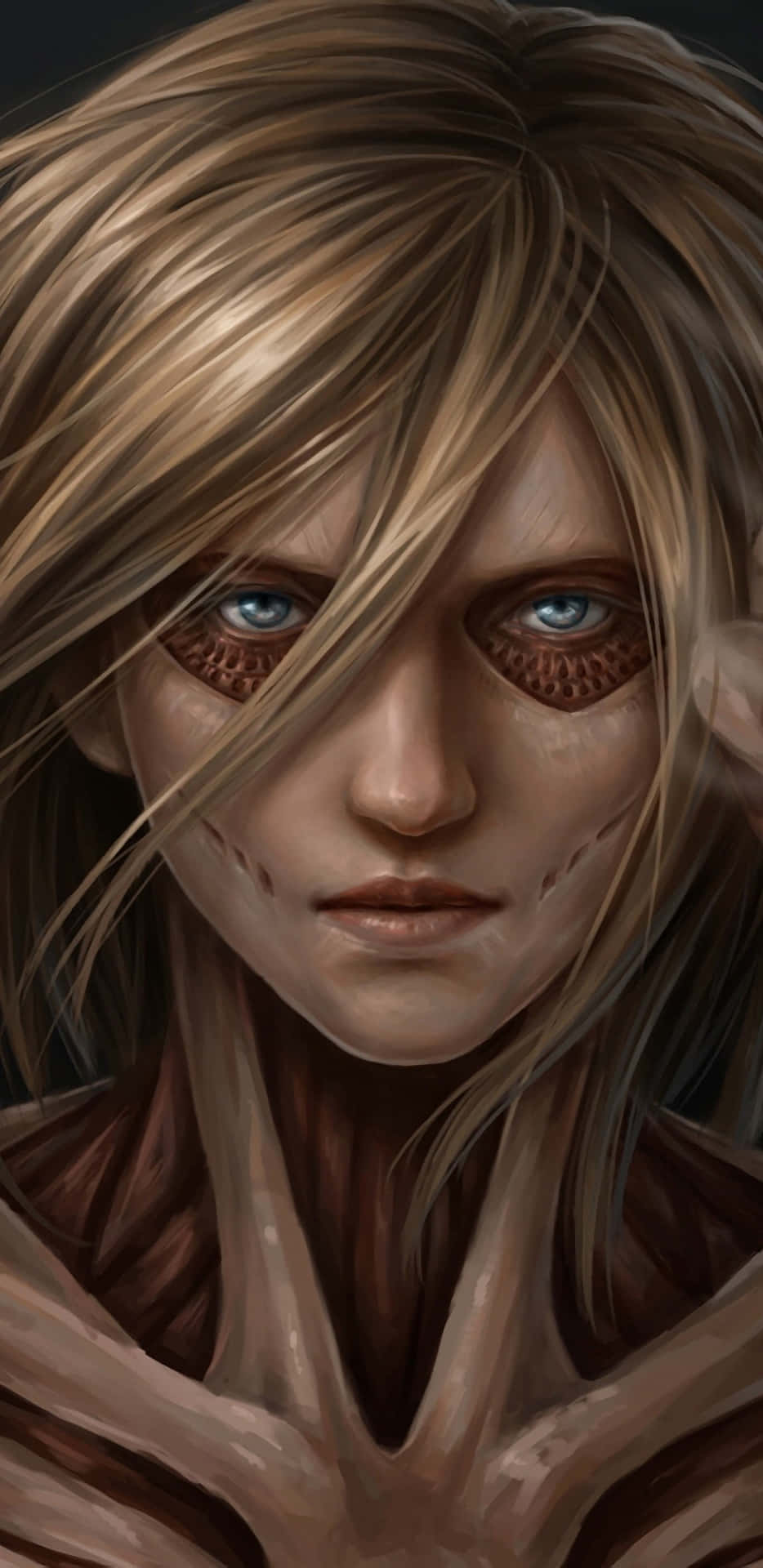 Female Titan 桌布 壁紙 — 一位金髮碧眼、帶有紋理藍色眼睛的女性特寫數位肖像，目光強烈地向前凝視。