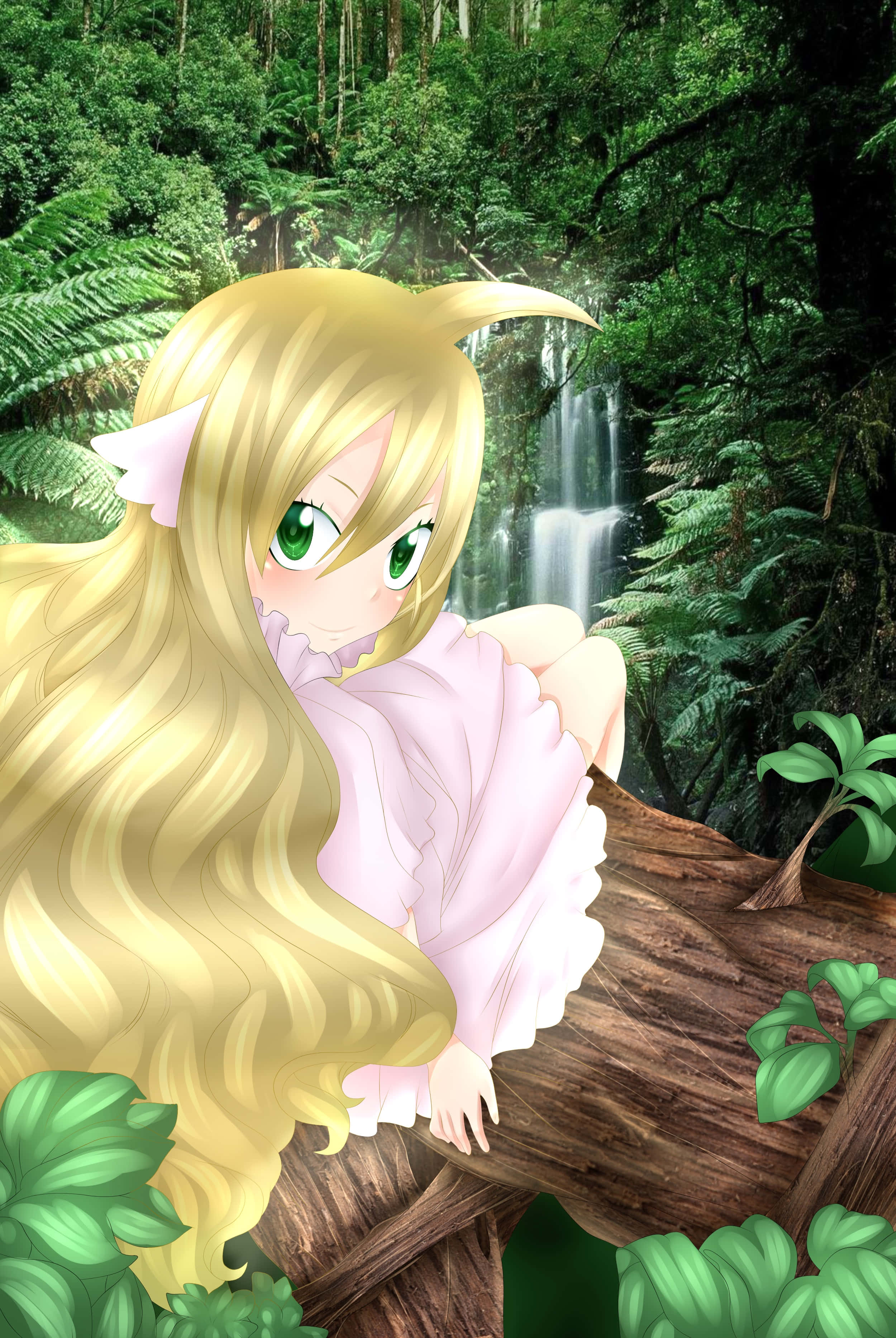 Mavis Vermillion 桌布 壁紙 — 一位金髮碧眼、戴著貓耳嘅動漫女仔坐在茂密綠色森林中嘅瀑布旁邊嘅木頭上。