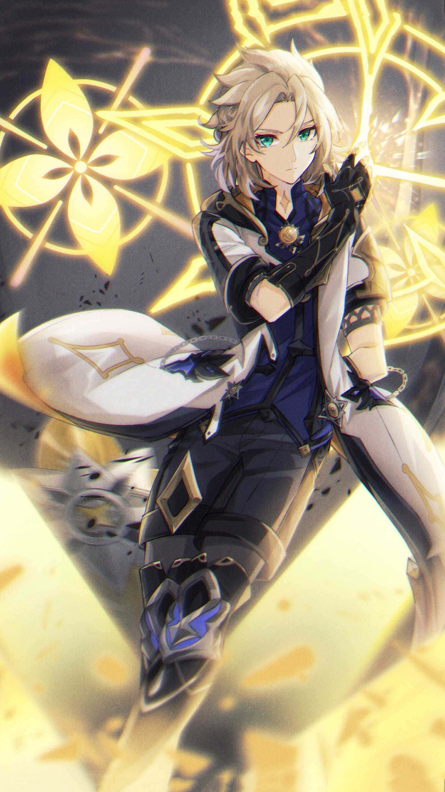 Genshin Impact Albedo 桌布 壁紙 — 一位金髮碧眼的動漫戰士自信地擺出動態姿勢，周圍環繞著發光的金色花卉和幾何能量圖案。