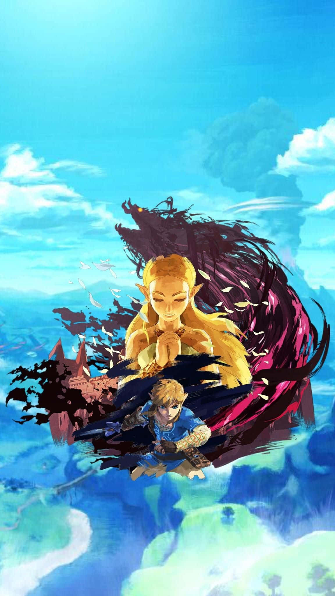 Botw 桌布 壁紙 — 一位金髮精靈和一位年輕英雄在明亮的藍天中翱翔，飛越浮空島嶼，身後有一條黑暗的龍形剪影。