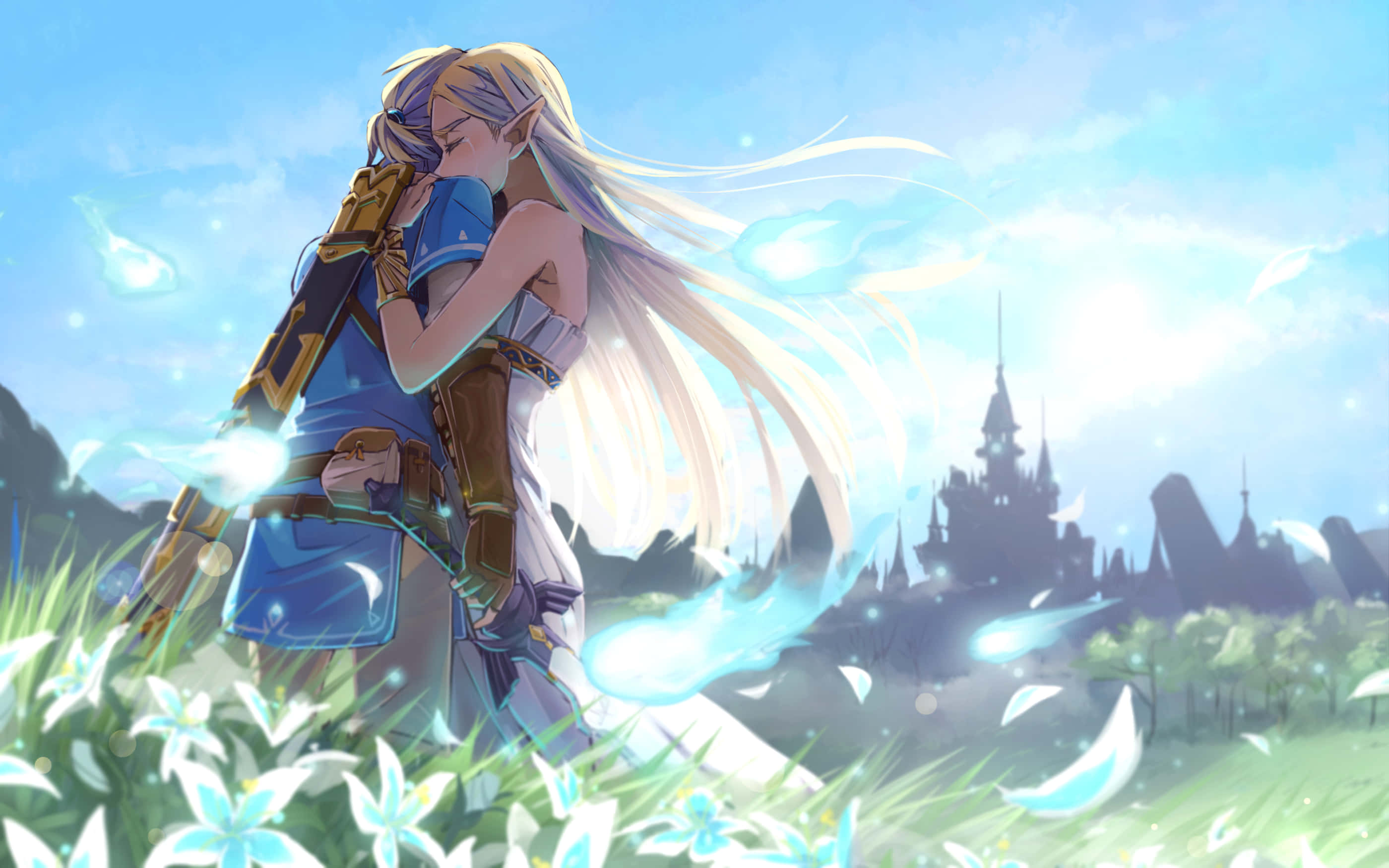 Botw 桌布 壁紙 — 一位金髮精靈戰士身穿藍色盔甲，在陽光明媚、鮮花盛開的田野中擁抱同伴，遠處有城堡，天空湛藍。