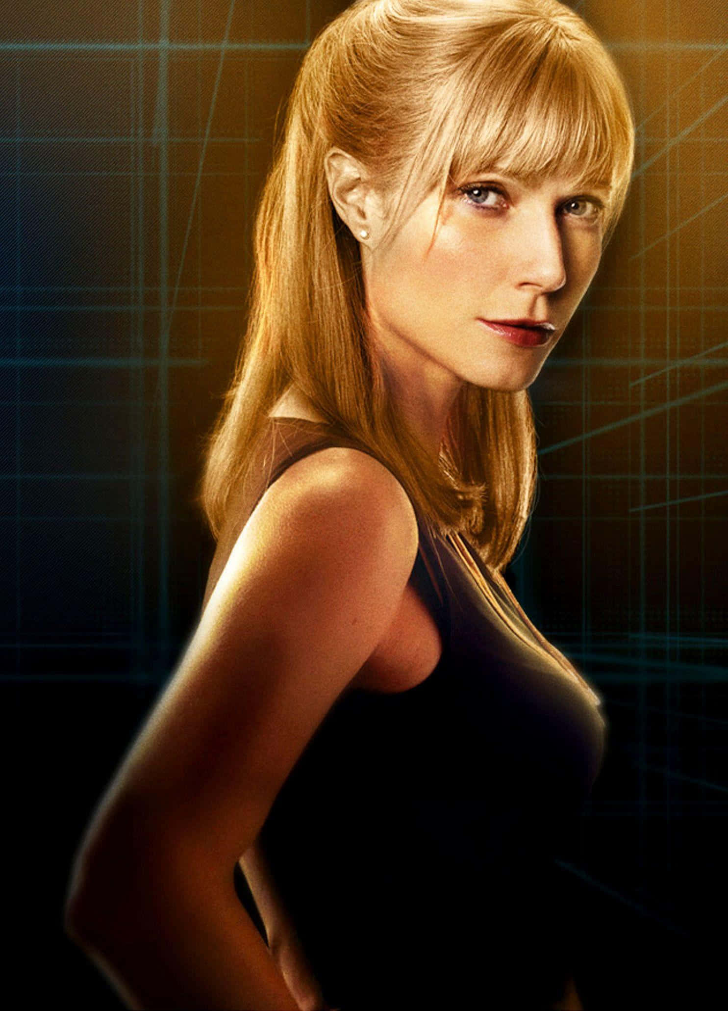 Pepper Potts 桌布 壁紙 — 一位金髮紅唇的女性在發光的網格背景前凝視著。