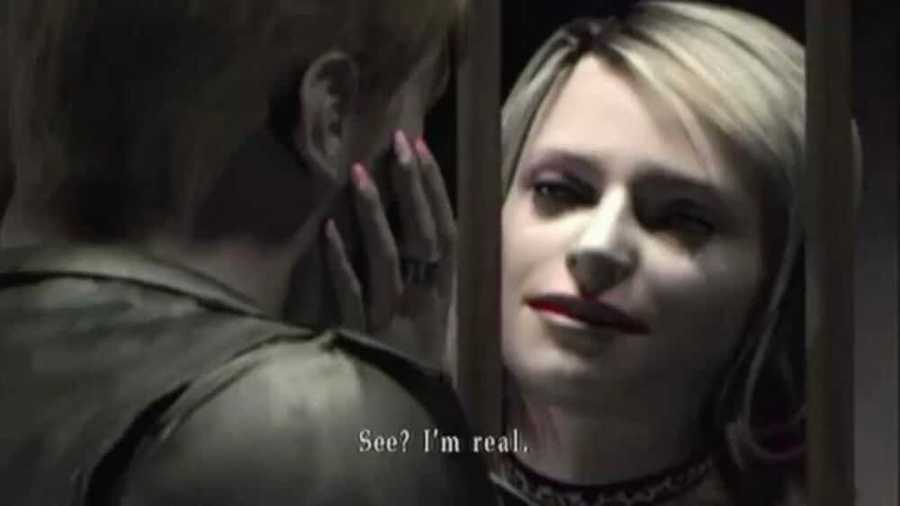 Silent Hill Characters 桌布 壁紙 — 一位金髮紅唇的女性透過鐵窗凝視著一個用塗了指甲油的手觸摸她臉頰的男人。