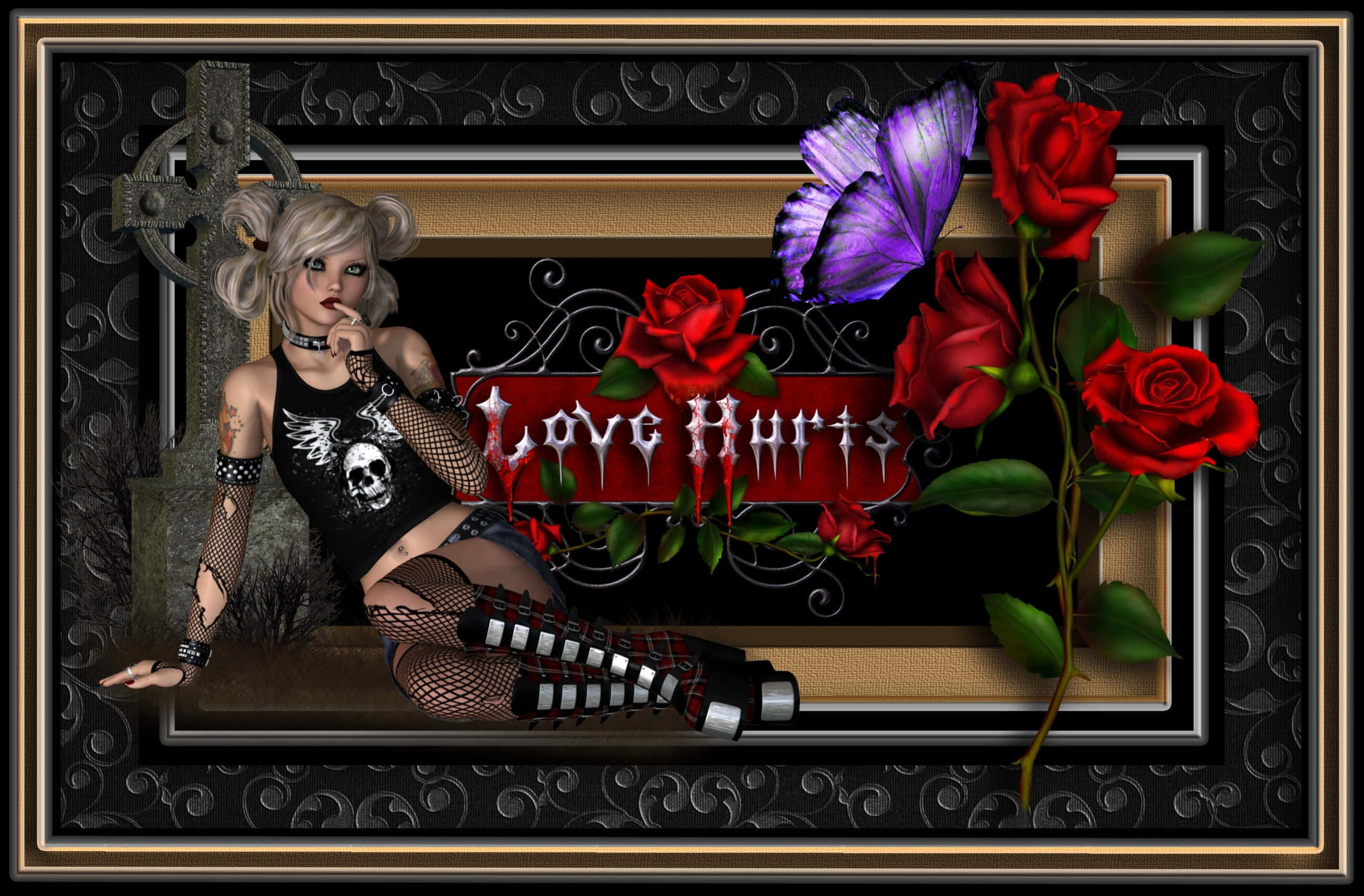 Gothic Costumes 桌布 壁紙 — 一位金髮紋身的哥德式女性坐在紅玫瑰和紫色蝴蝶旁，背景是深色華麗框架，上面寫著「Love Hurts」。