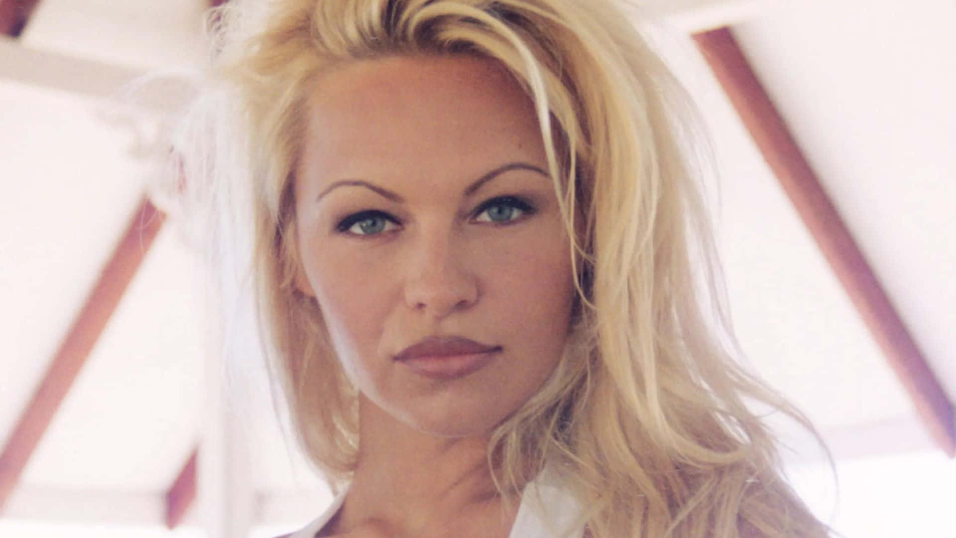 pamela anderson 桌布 壁紙 — 一位金髮藍眼女子在明亮自然光下直視鏡頭的近距離肖像。