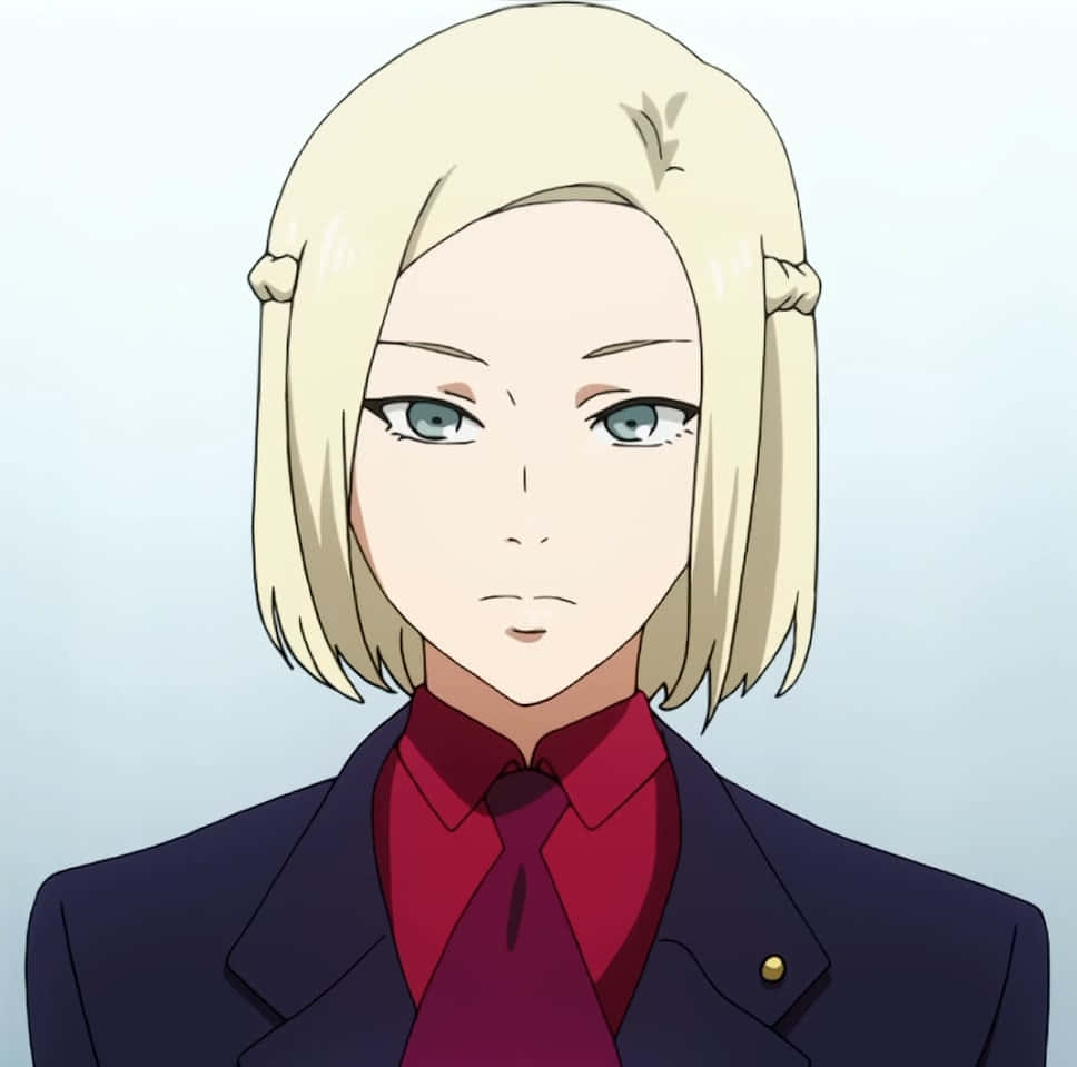 Akira Mado 桌布 壁紙 — 一位金髮藍眼的動漫女孩，在柔和的藍色背景前穿著深色西裝外套和紅色領帶。