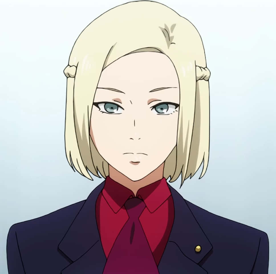 Kureo Mado 桌布 壁紙 — 一位金髮藍眼的動漫女孩，穿著深色西裝外套和紅色襯衫，背景是柔和的藍色。