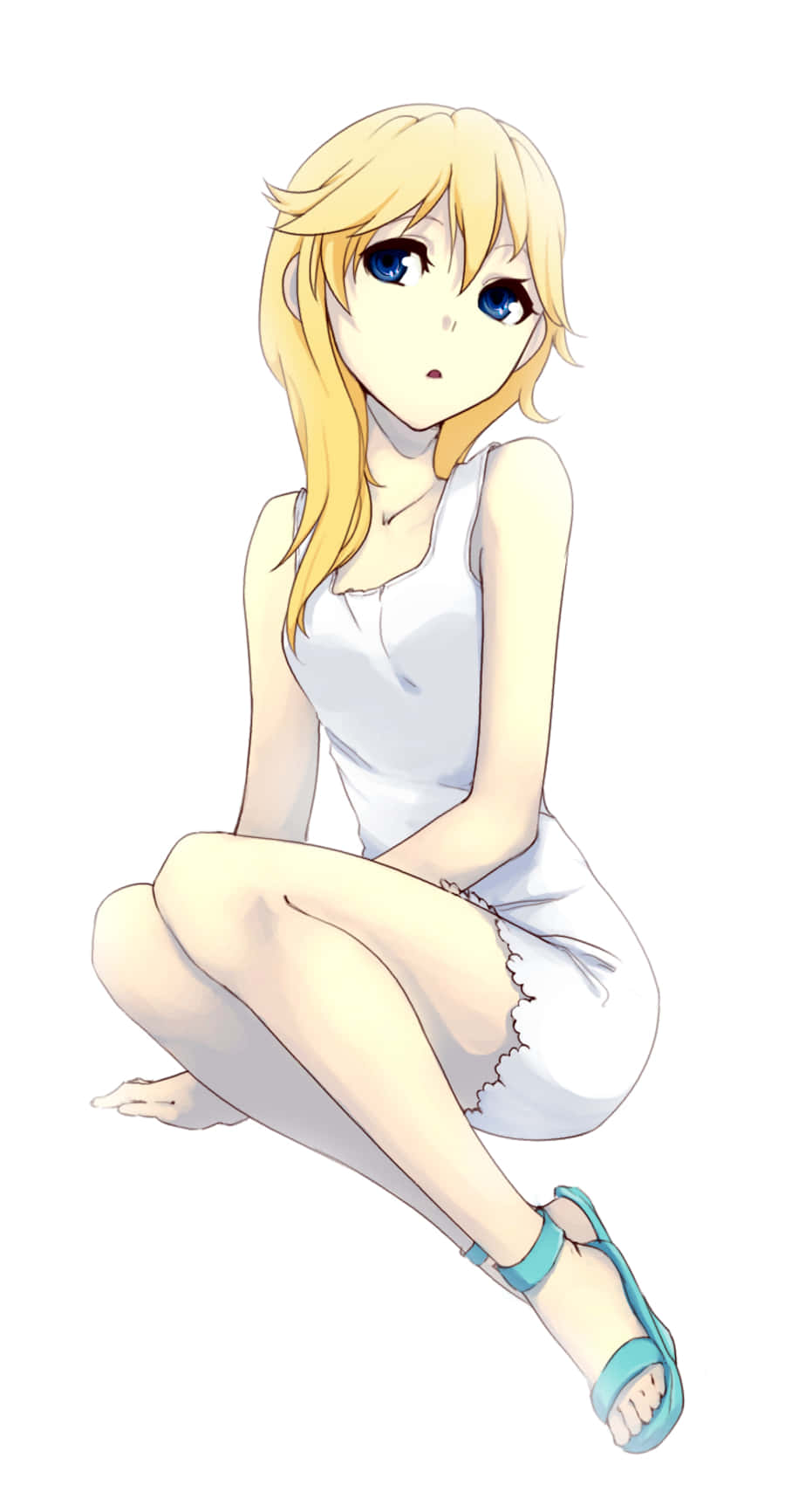 Kingdom Hearts Namine 桌布 壁紙 — 一位金髮藍眼的動漫女孩，穿著白色連衣裙和藍綠色涼鞋，盤腿坐在純白色背景前。