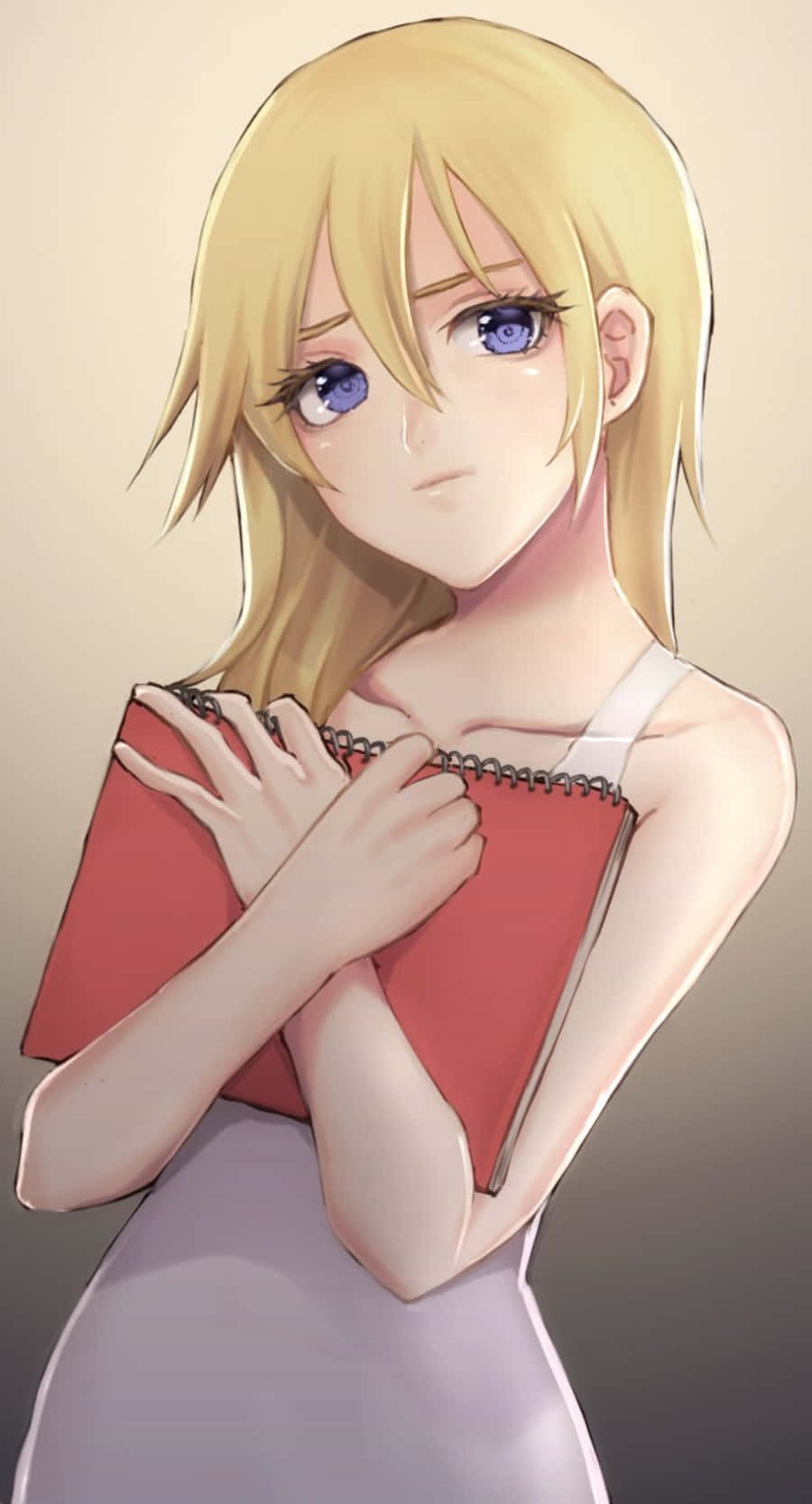 Kingdom Hearts Namine 桌布 壁紙 — 一位金髮藍眼的動漫女孩在柔和的漸變背景前，將紅色筆記本緊緊抱在胸前。