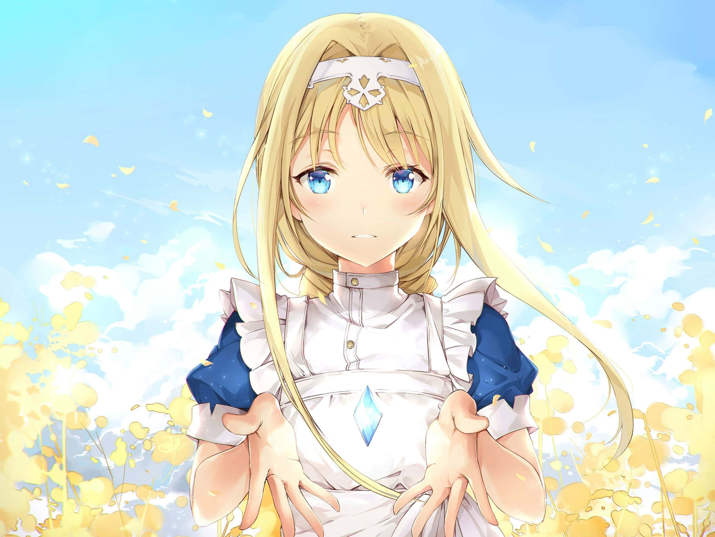 Alice Zuberg 桌布 壁紙 — 一位金髮藍眼的動漫女孩穿著白色和藍色的連衣裙，背景是明亮的天空，黃色花瓣飄落。
