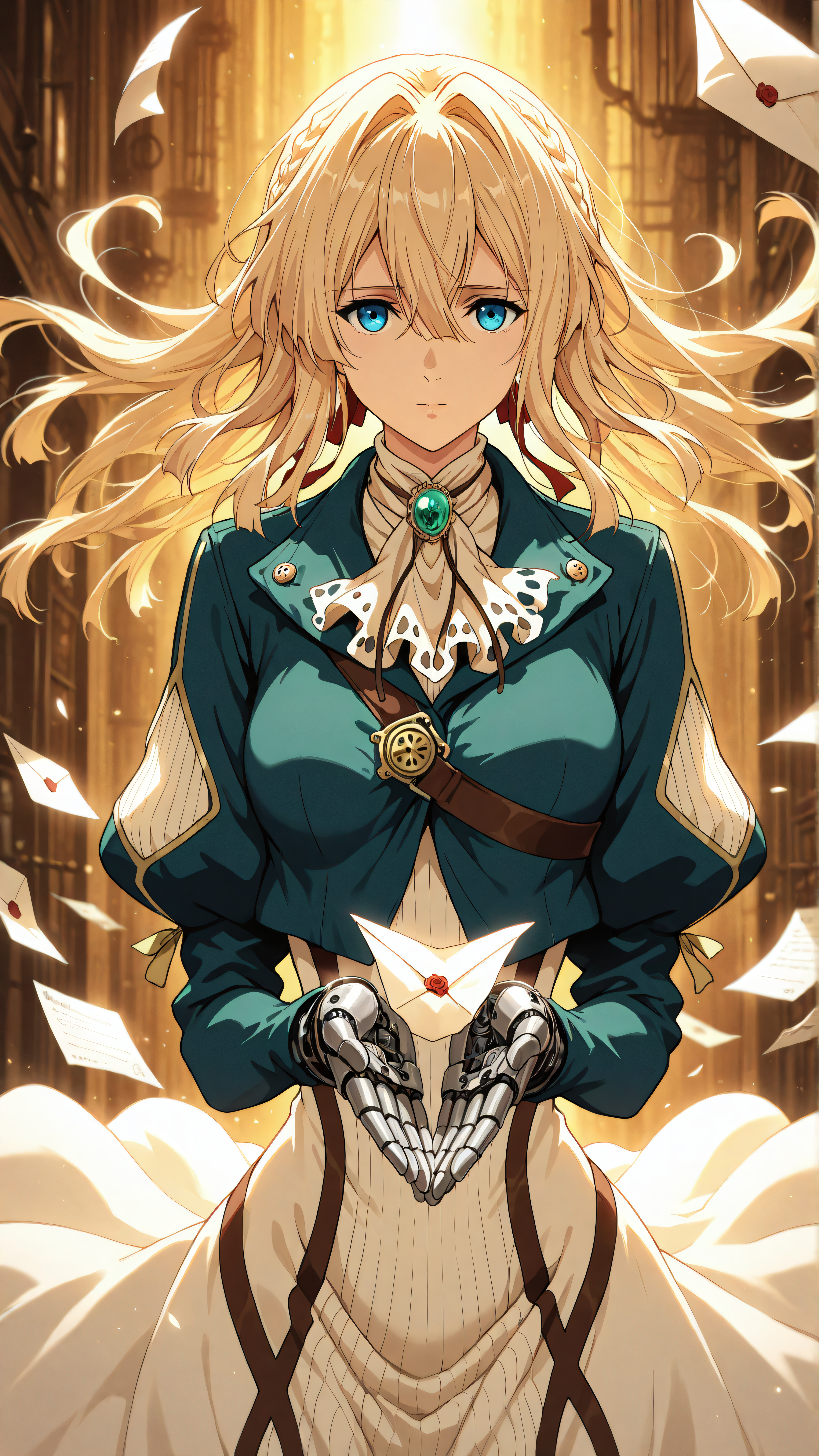 Violet Evergarden 4K 壁紙 — 一位金髮藍眼的動漫女孩穿著青綠色外套，用機械手拿著一封信，紙張在溫暖的金色光芒中漂浮在她周圍。
