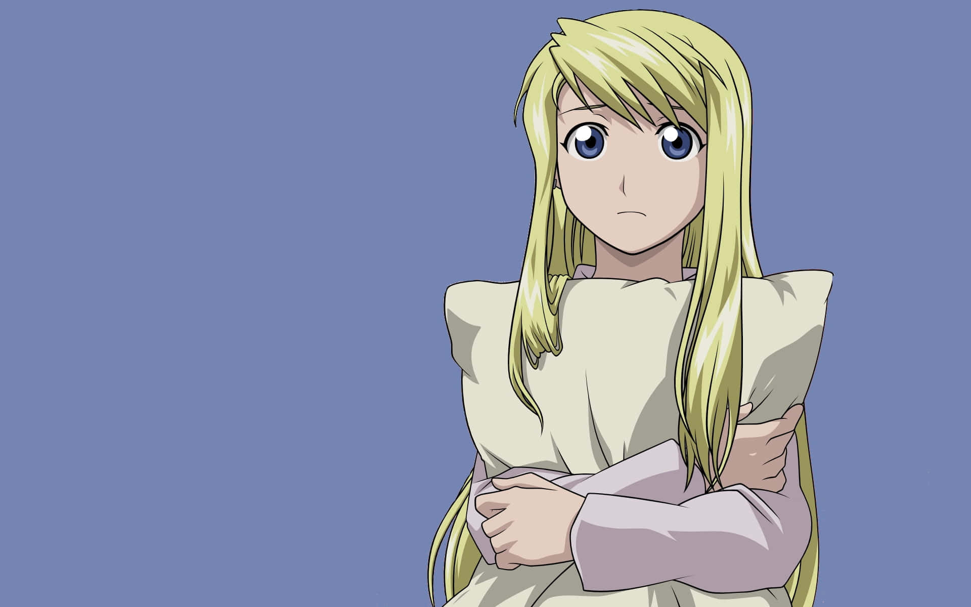 Winry Rockbell 桌布 壁紙 — 一位金髮藍眼的動漫女孩站在純藍色背景前，雙臂交叉，表情中立。