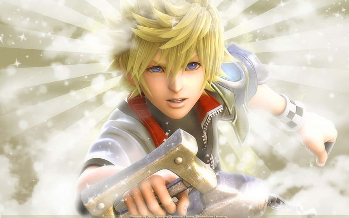 Kingdom Hearts Ventus 桌布 壁紙 — 一位金髮藍眼的動漫英雄在燦爛的星爆背景下握著一把發光的鍵刃。
