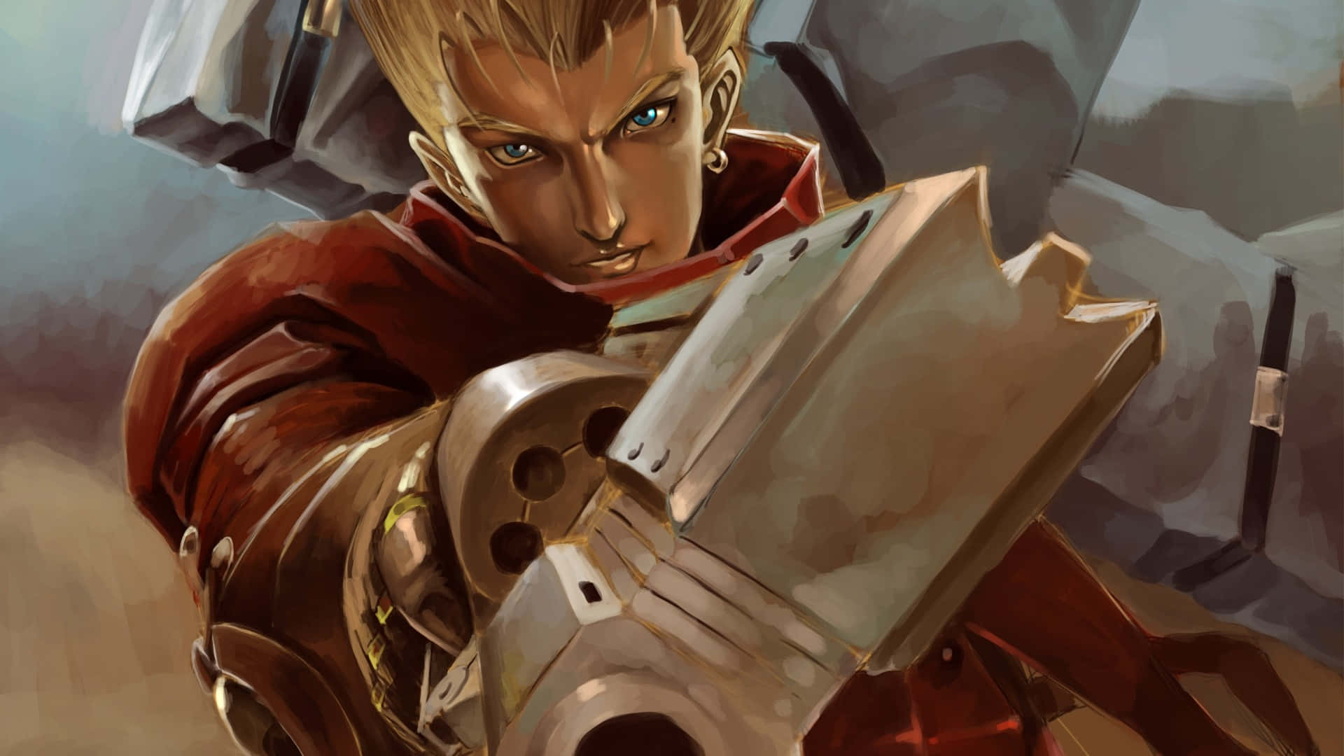 Vash The Stampede 桌布 壁紙 — 一位金髮藍眼的堅定動漫戰士，在一個破舊的戰場環境中緊握著一把大型機械武器。