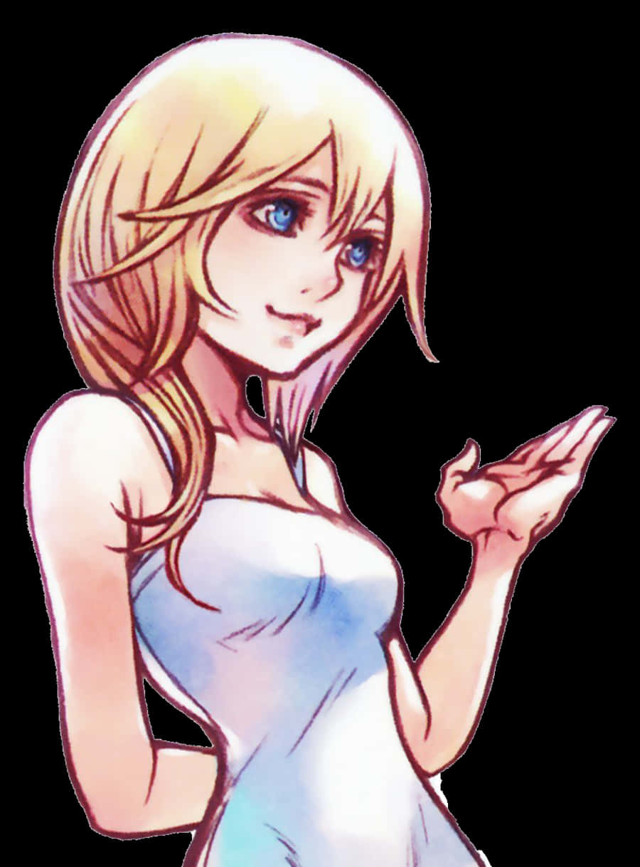 Kingdom Hearts Namine 桌布 壁紙 — 一位金髮藍眼的開朗動畫女孩，穿著淺藍色連衣裙，微笑著用手做手勢。