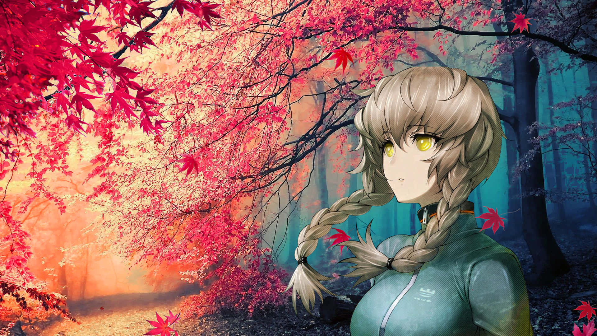 Suzuha Amane 桌布 壁紙 — 一位金髮辮子動漫女孩站在神秘森林中鮮紅的楓樹下，沐浴在溫暖的夕陽光中。