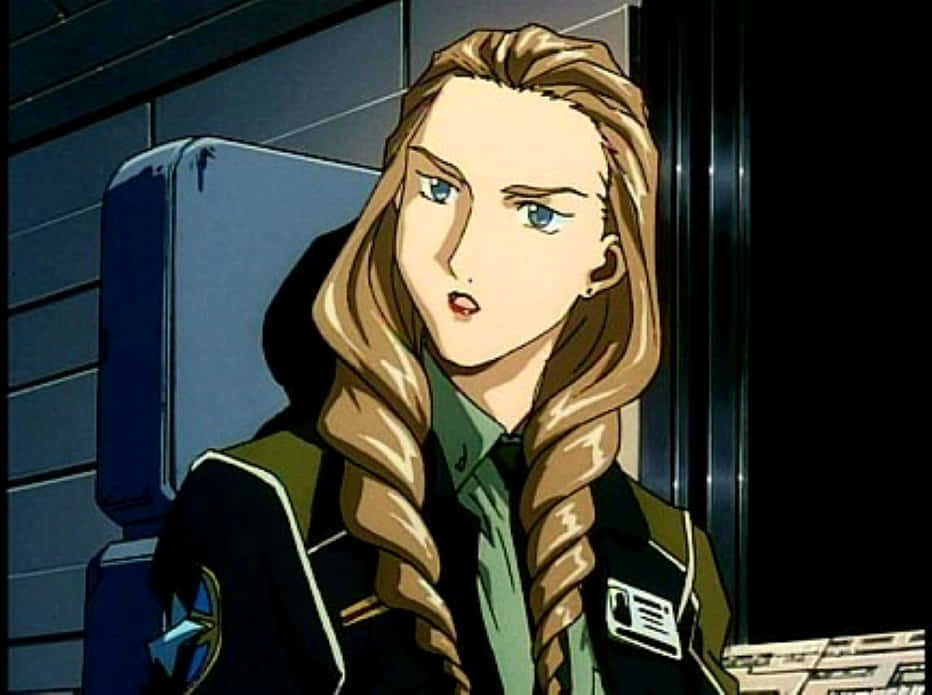 Gundam Wing Sally Po 桌布 壁紙 — 一位金髮辮子動漫女性坐在駕駛艙內，穿著軍裝，表情驚訝。