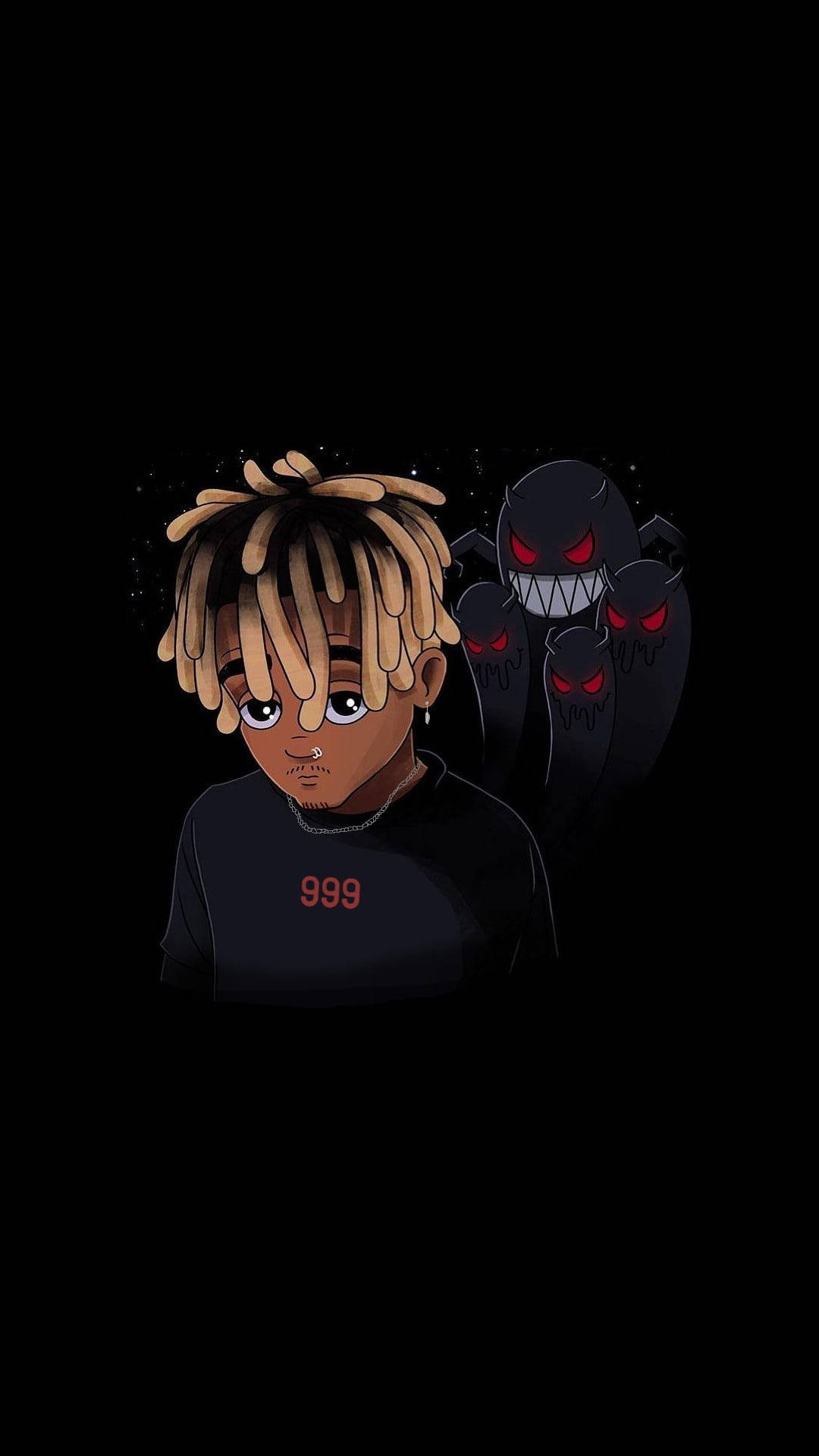 Juice WRLD 桌布 壁紙 — 一位金髮辮子的年輕男子直視前方，身後黑色背景中三個紅眼鬼魂威脅性地聳立著。