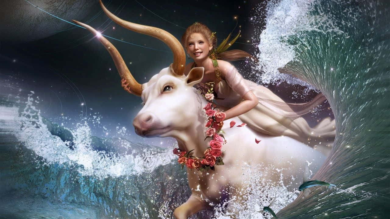 aries 桌布 壁紙 — 一位金髮閃耀的女性騎著一頭飾有紅玫瑰的雄偉白牛，在繁星點點的夜空下穿越洶湧的海浪。