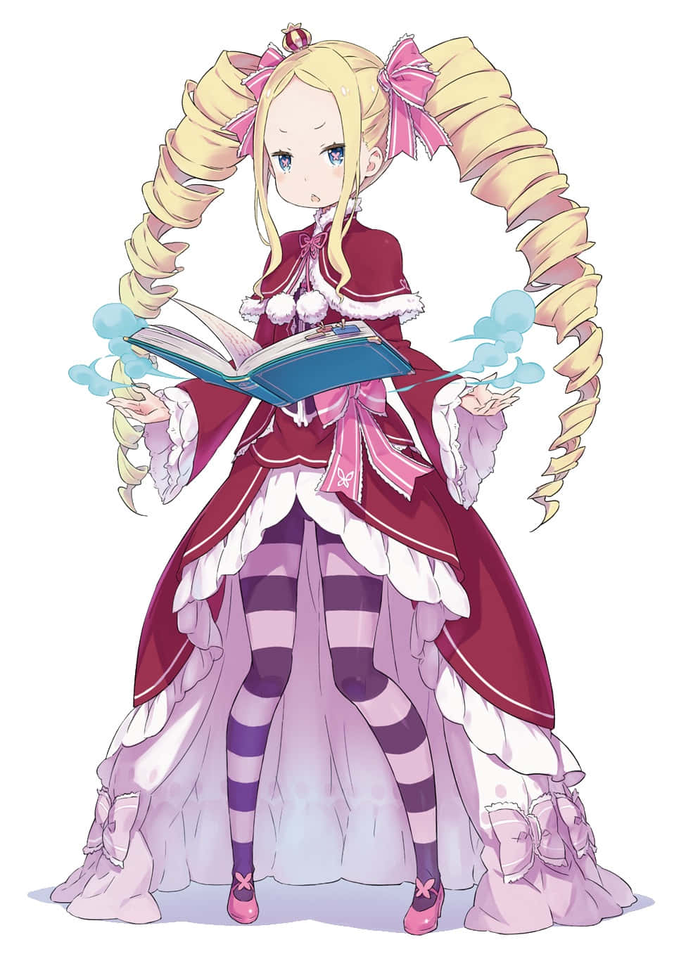 Re Zero Beatrice 桌布 壁紙 — 一位金髮雙螺旋辮的動漫女孩，穿著紅紫相間的荷葉邊連衣裙，正在閱讀一本發光的書，藍色魔法在她手中旋轉。