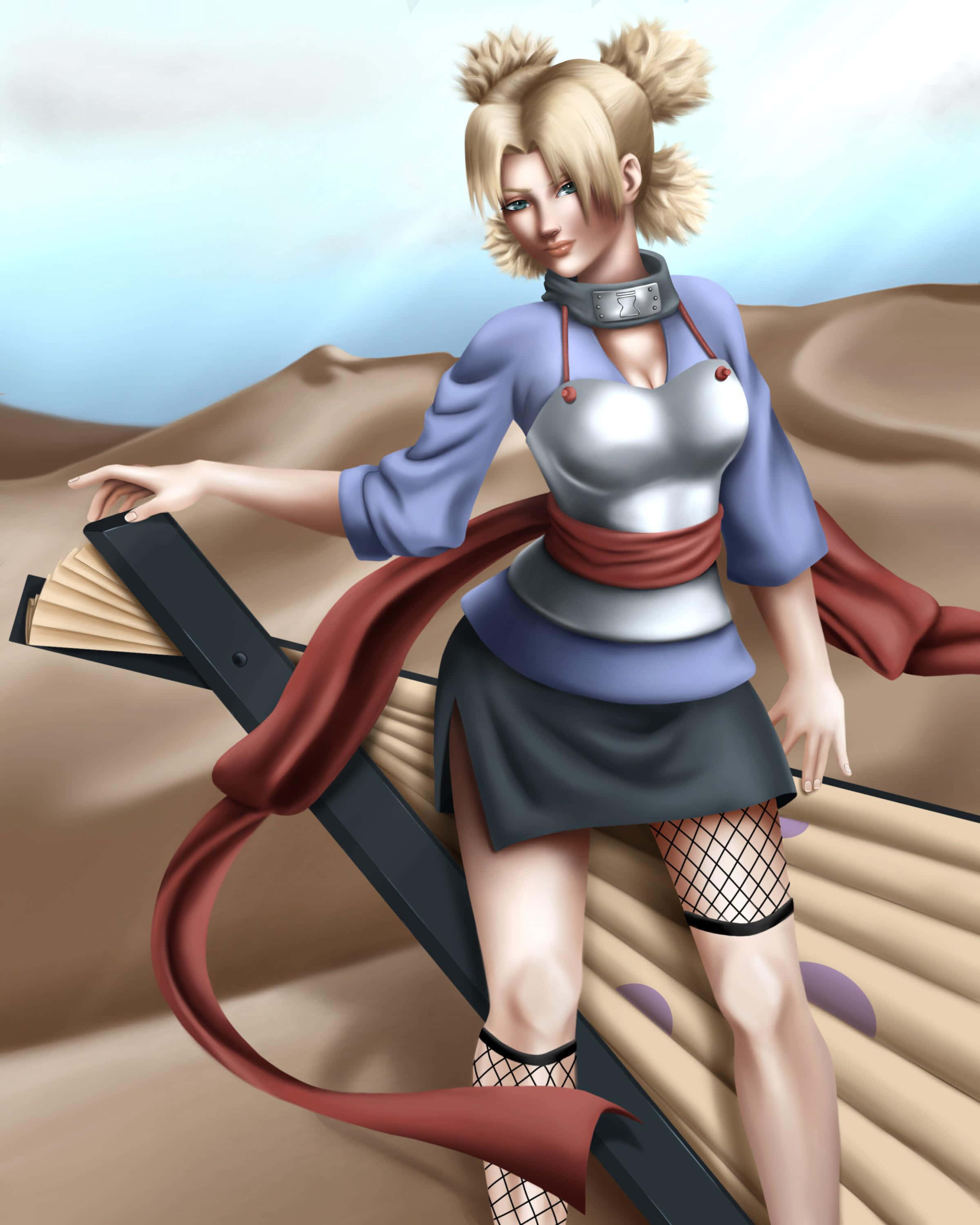 Temari 桌布 壁紙 — 一位金髮雙馬尾的動漫女孩自信地站在沙漠中，手持一把帶有紅色絲帶的大黑扇。