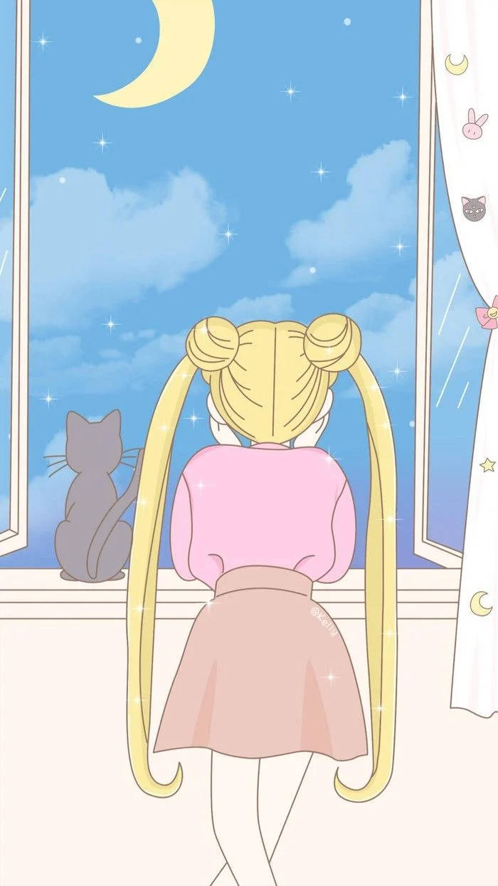 夜空 桌布 壁紙 — 一位金髮雙馬尾的動漫女孩透過窗戶凝視著新月和星星，一隻灰色的貓坐在她旁邊。