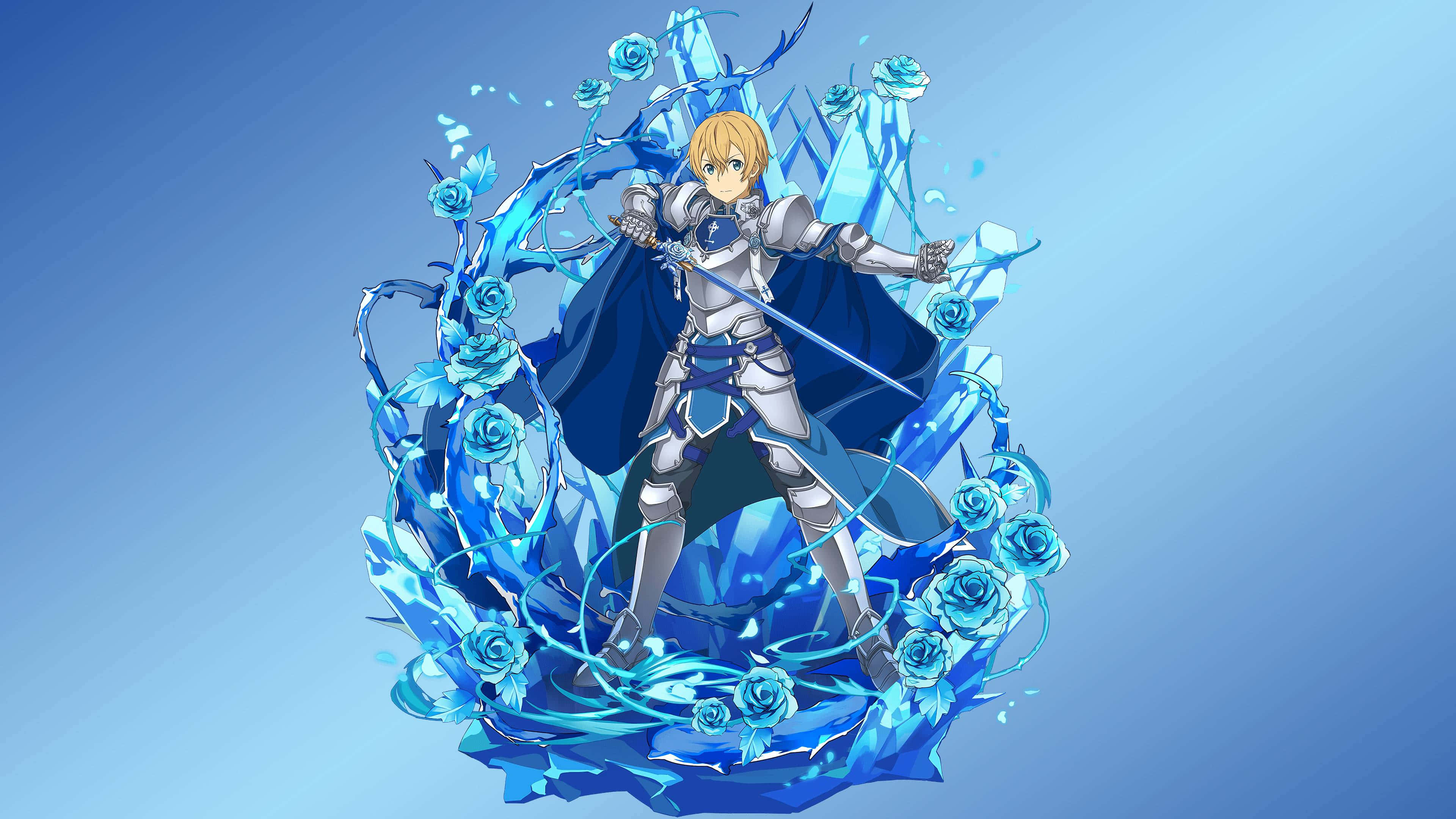 Sword Art Online Eugeo 桌布 壁紙 — 一位金髮騎士身穿銀色盔甲，在藍色漸變背景中，於旋轉的藍色冰塊和玫瑰之間揮舞著劍。