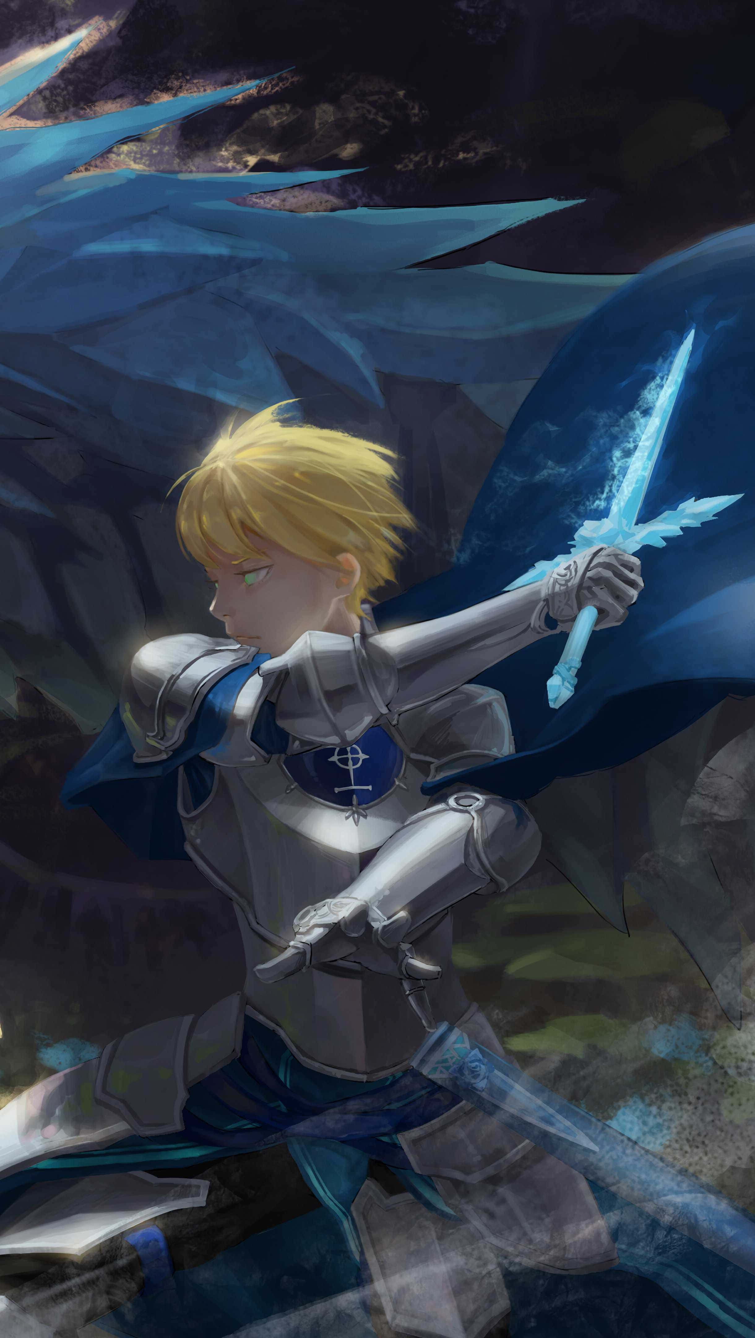 Sword Art Online Eugeo 桌布 壁紙 — 一位金髮騎士身穿銀色盔甲，在黑暗洞穴中揮舞著一把發光的藍色劍，周圍環繞著旋轉的冰藍色能量。