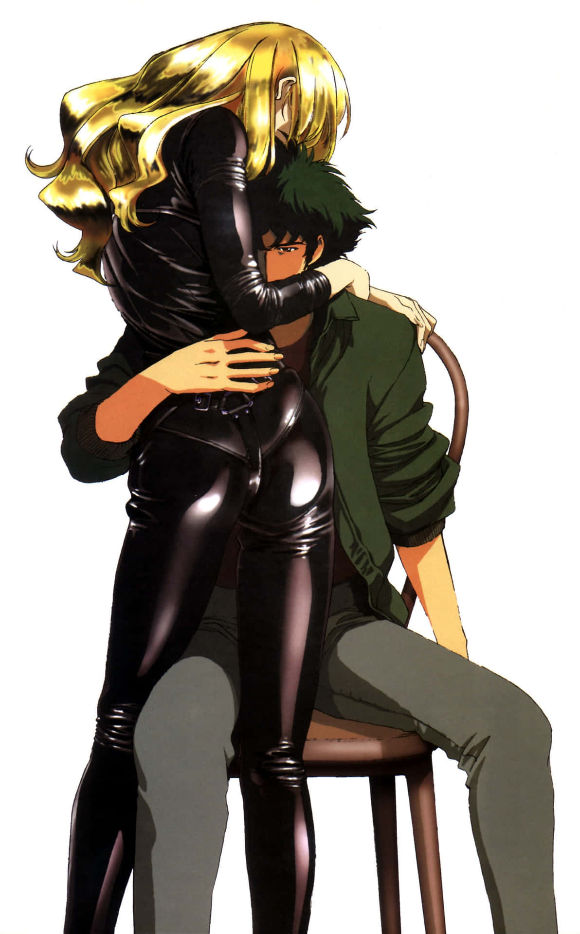 Spike Spiegel 桌布 壁紙 — 一位金髮黑衣皮革女性以戲劇性的動漫姿勢擁抱坐在凳子上的綠色夾克男性。