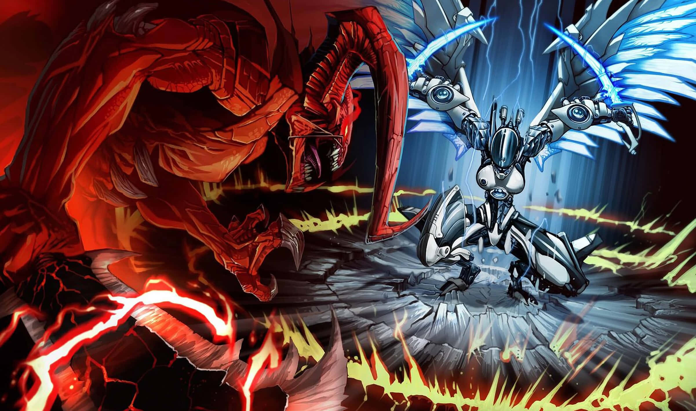 Yugioh 桌布 壁紙 — 一位銀色盔甲天使，擁有發光藍色翅膀，在火焰閃電和破碎地面中與一隻巨大的紅色惡魔野獸衝突。