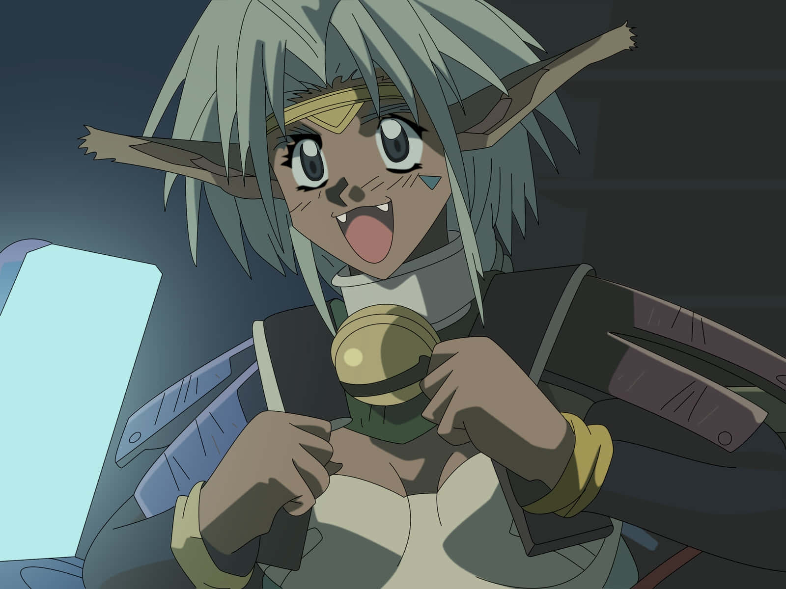 Outlaw Star 桌布 壁紙 — 一位銀色頭髮、尖耳朵的動漫精靈，在昏暗的環境中帶著喜悅的表情拿著一個金色的鈴鐺。