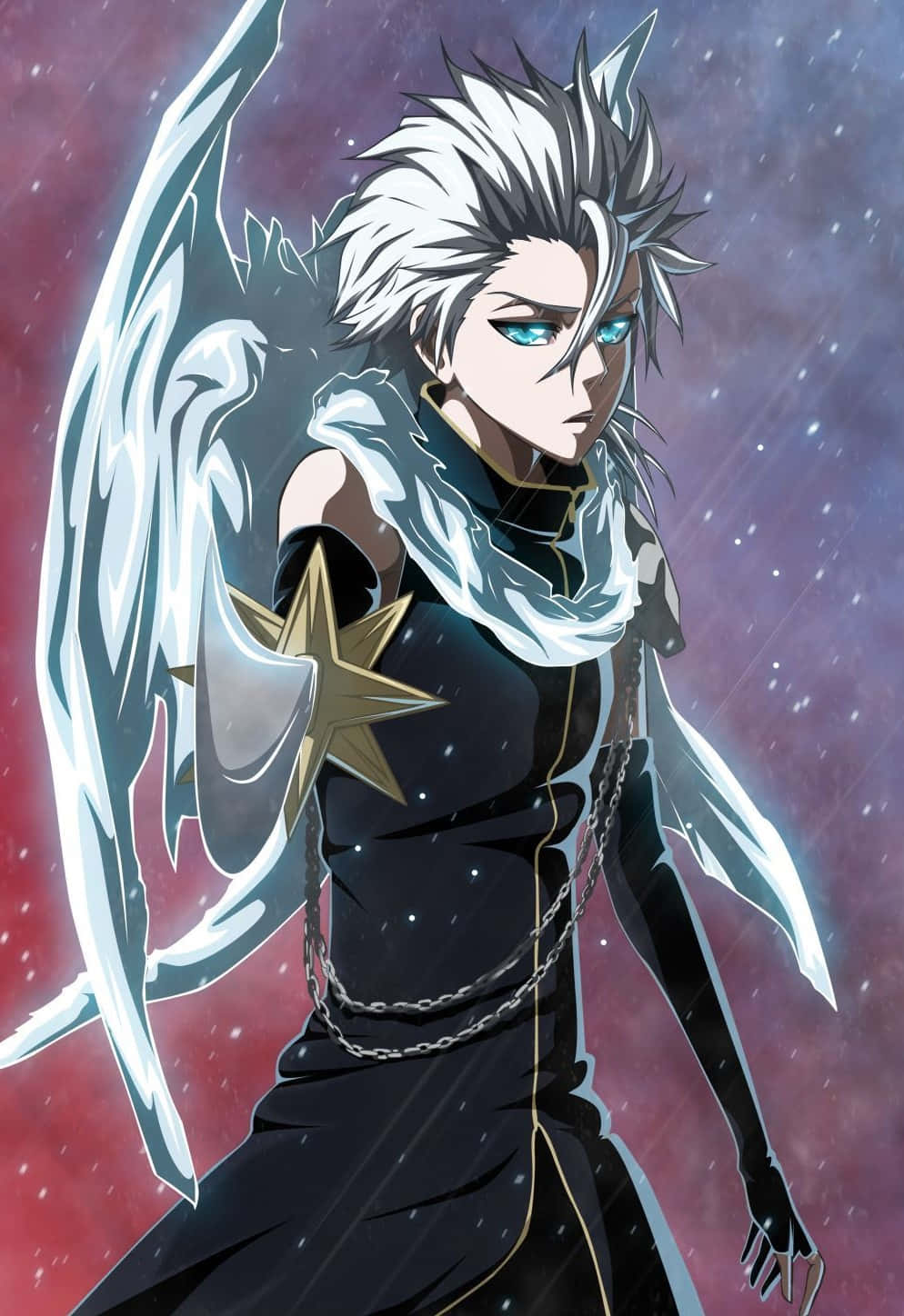 Toshiro Hitsugaya 桌布 壁紙 — 一位銀髮、發光藍眼、半透明翅膀的動漫天使，站在星光宇宙背景前。