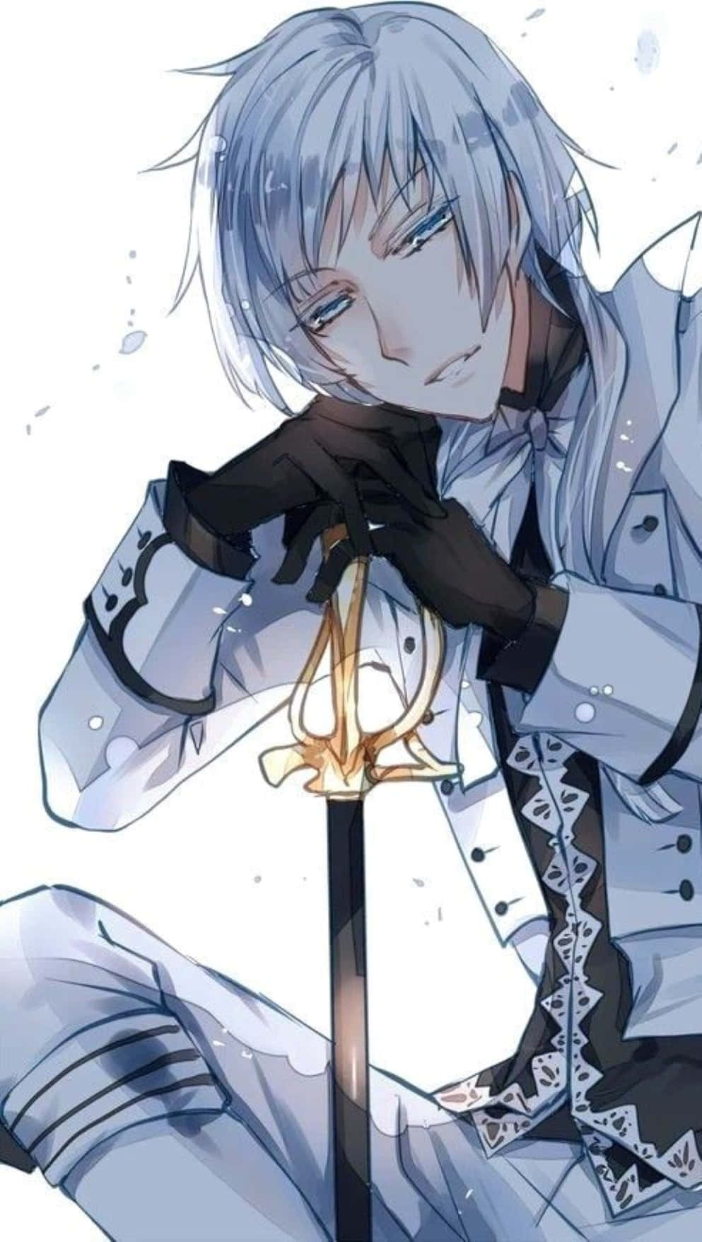 Charles Grey 桌布 壁紙 — 一位銀髮、身穿白色外套的動漫角色，在雪景背景下帶著平靜的表情手持發光的劍。