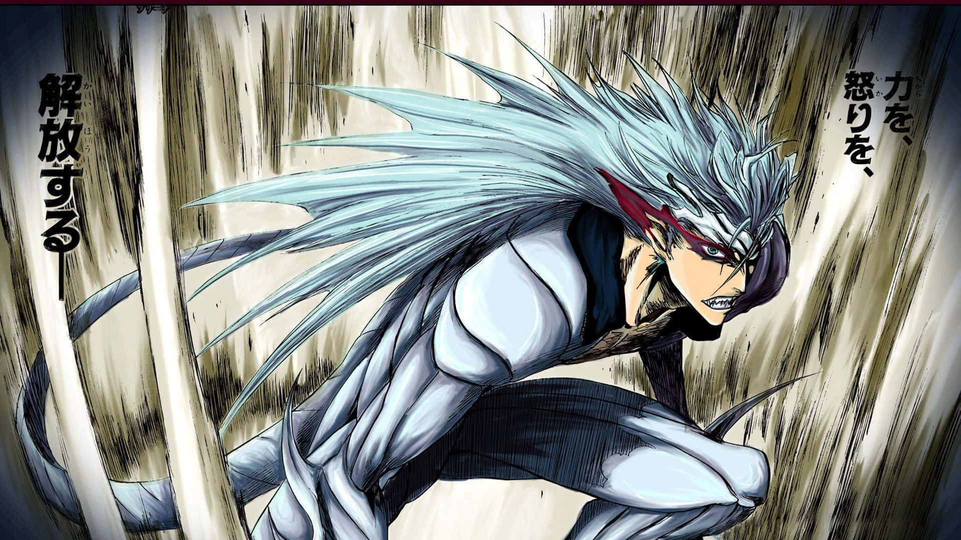 Grimmjow Jaegerjaquez 桌布 壁紙 — 一位銀髮、身穿白色鎧甲的動漫戰士，在帶有日文字樣的模糊背景前，以動態姿勢蹲伏。