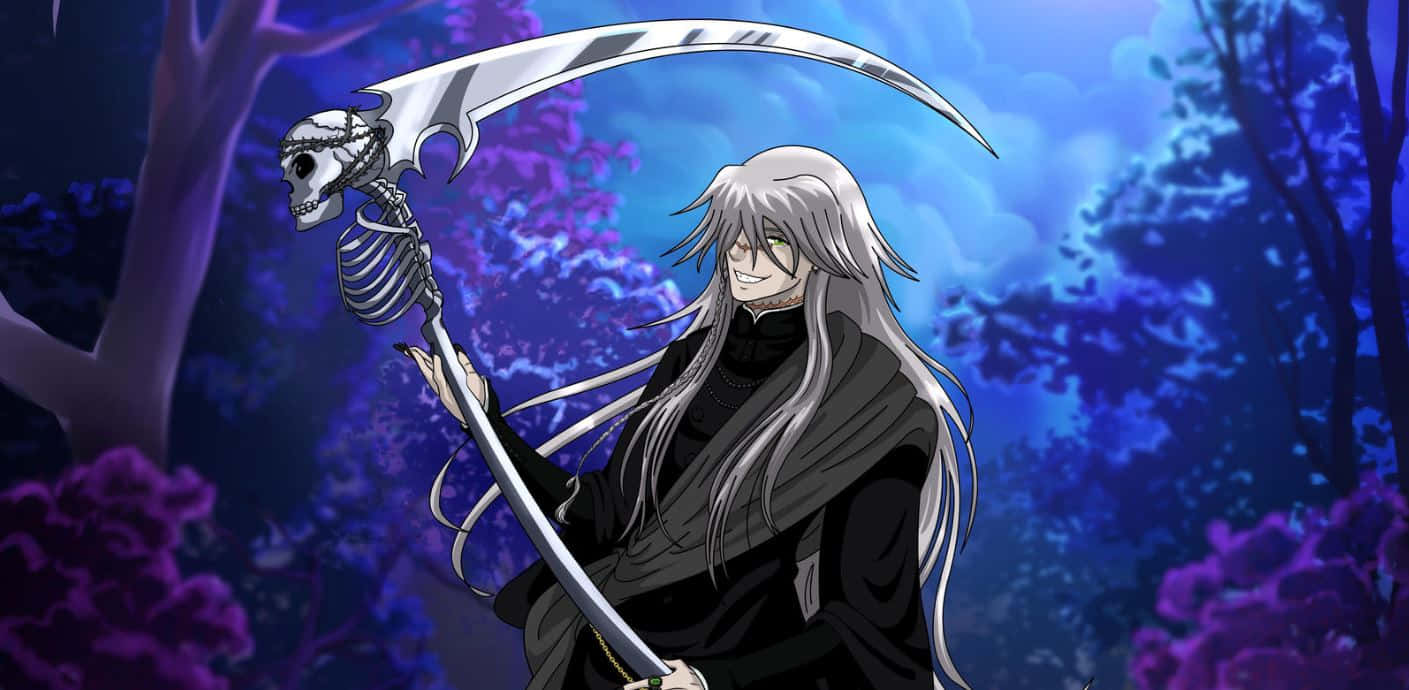 Black Butler Undertaker 桌布 壁紙 — 一位銀髮動漫人物身穿黑色長袍，在暮色森林中揮舞著骷髏鐮刀，周圍是紫色樹葉。
